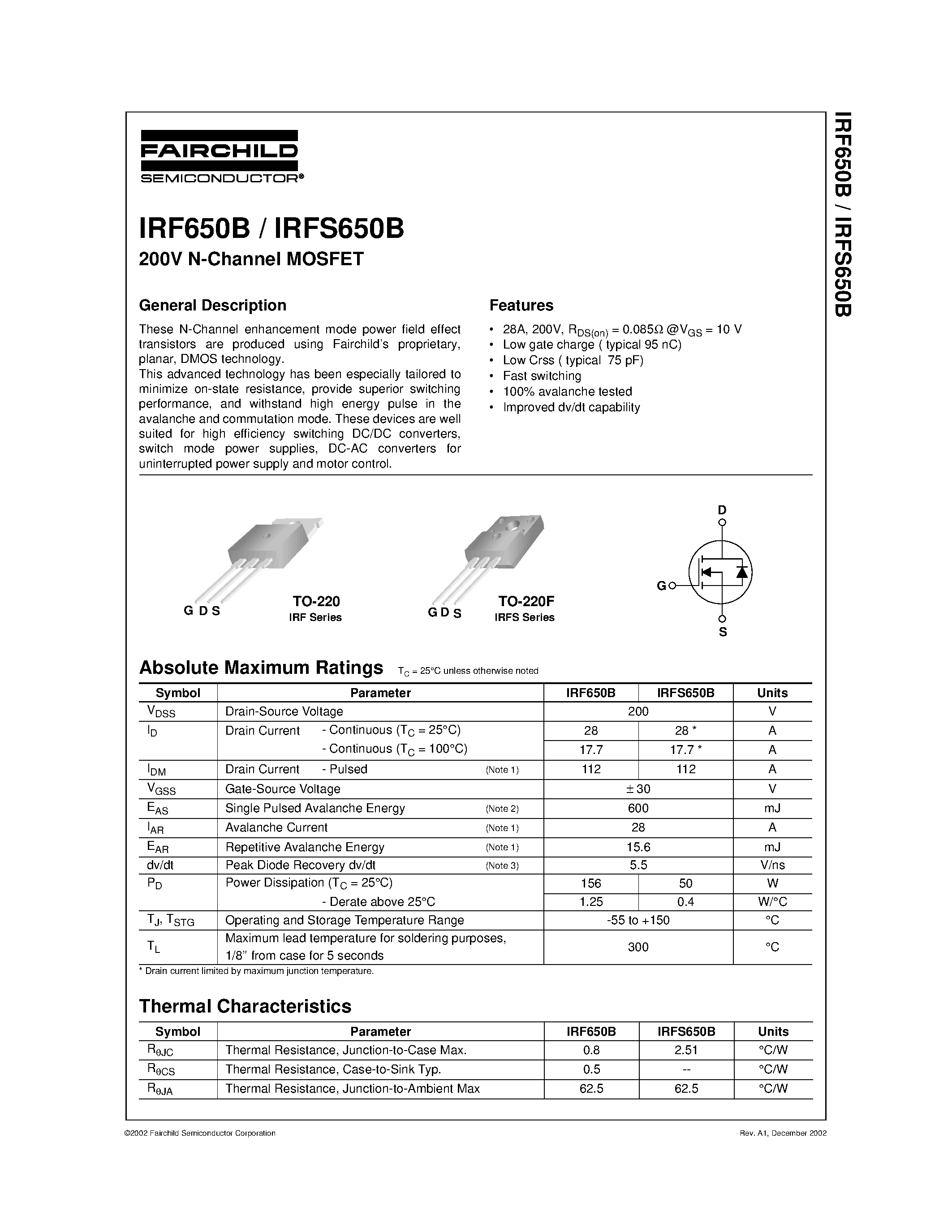 Datasheet IRF650 - 200V N-Channel MOSFET page 1
