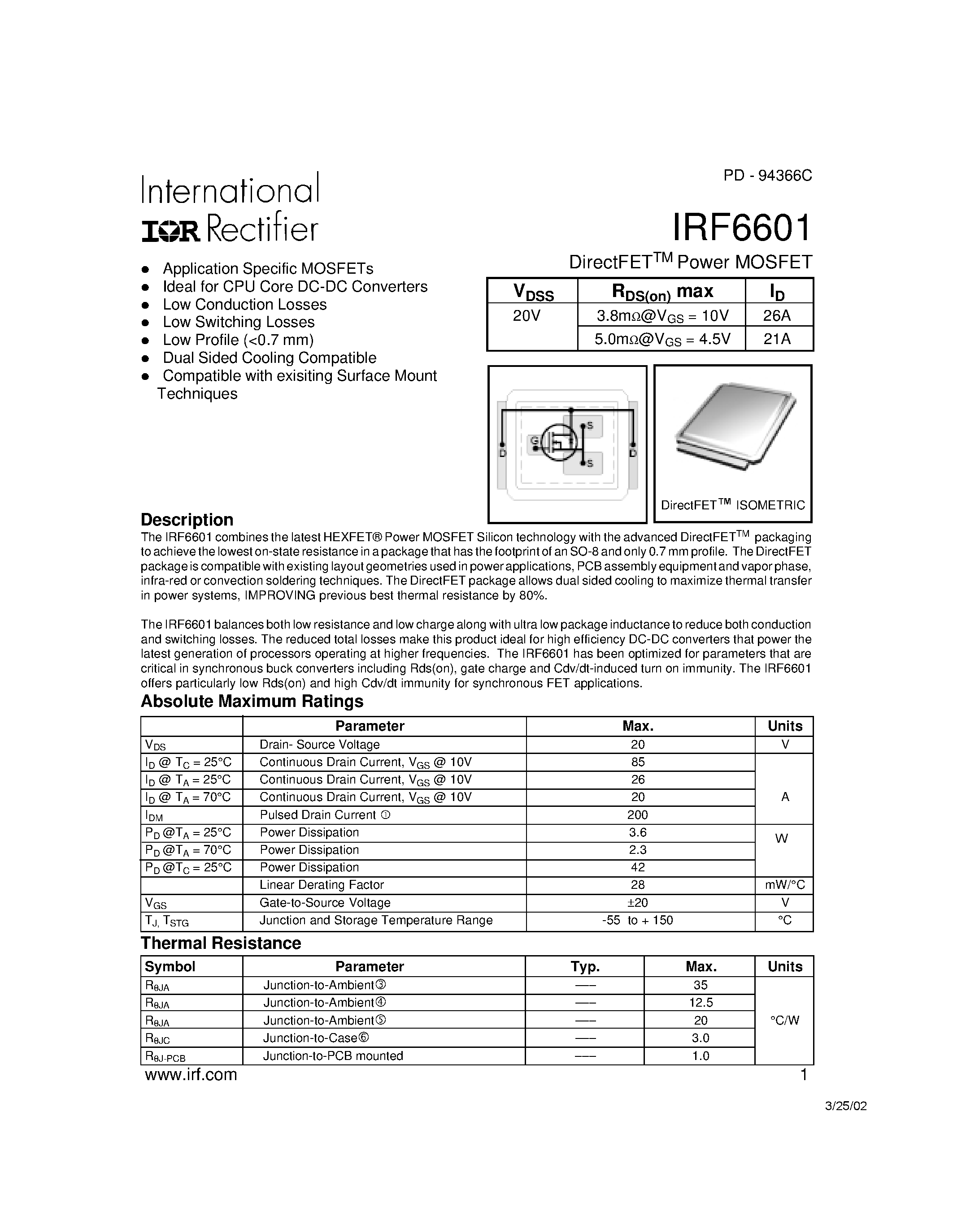 Datasheet IRF6601 page 1 Datasheet IRF6601 - DirectFET Power MOSFET(Vdss=20V) page 1