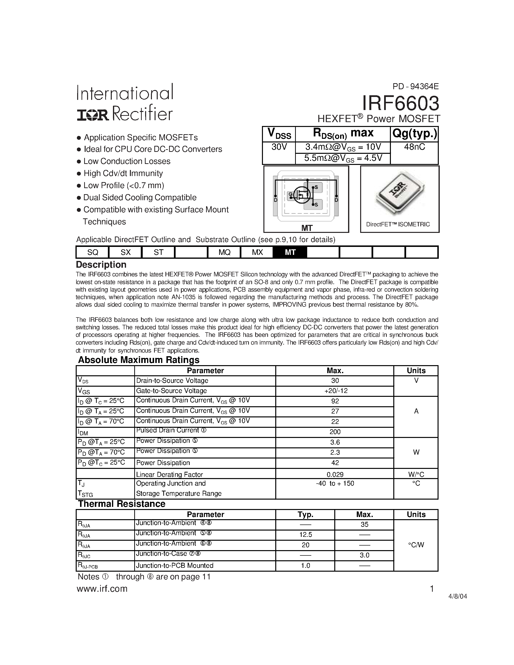 Datasheet IRF6603 - HEXFETPower MOSFET page 1