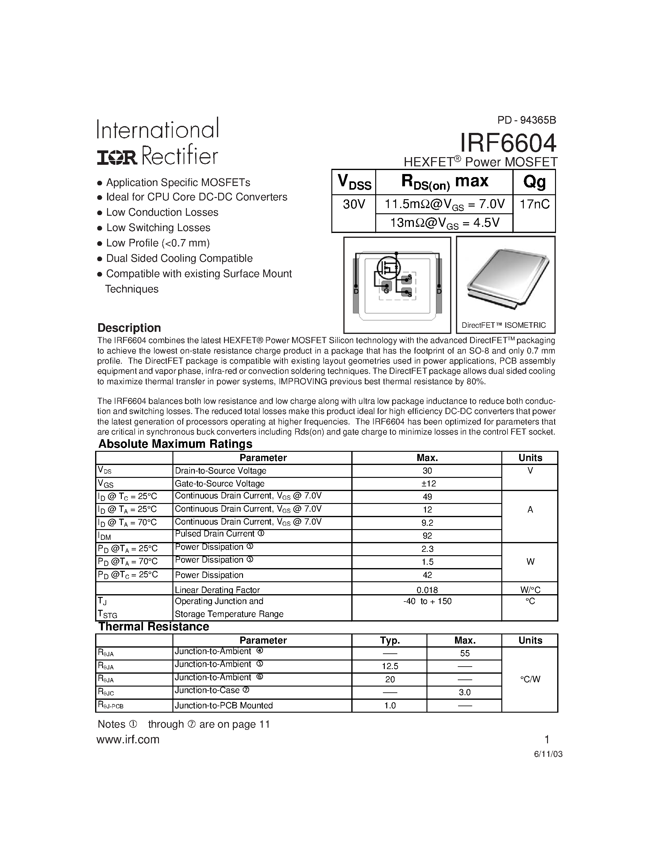 Datasheet IRF6604 - Power MOSFET page 1