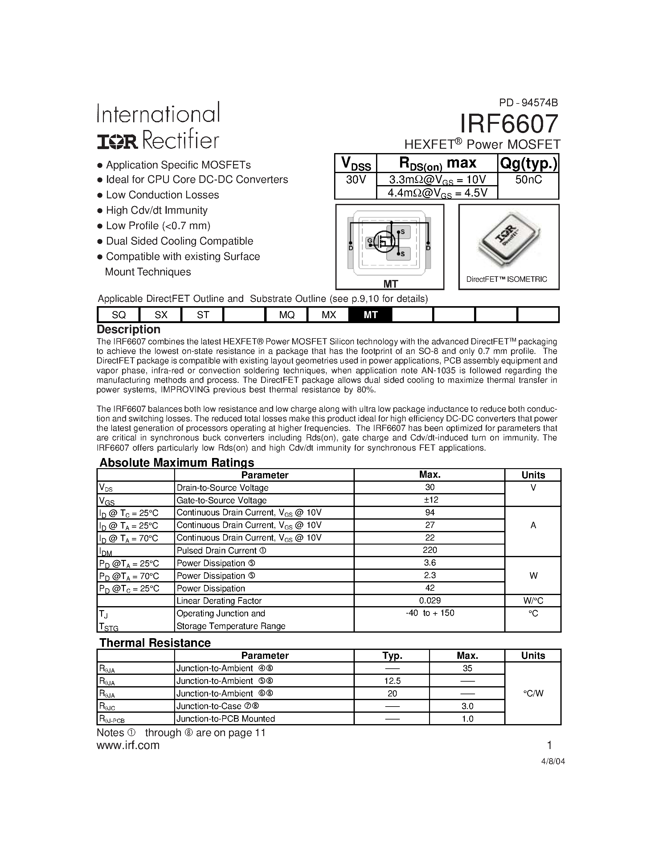 Datasheet IRF6607TR1 page 1 Datasheet IRF6607TR1 - Power MOSFET page 1