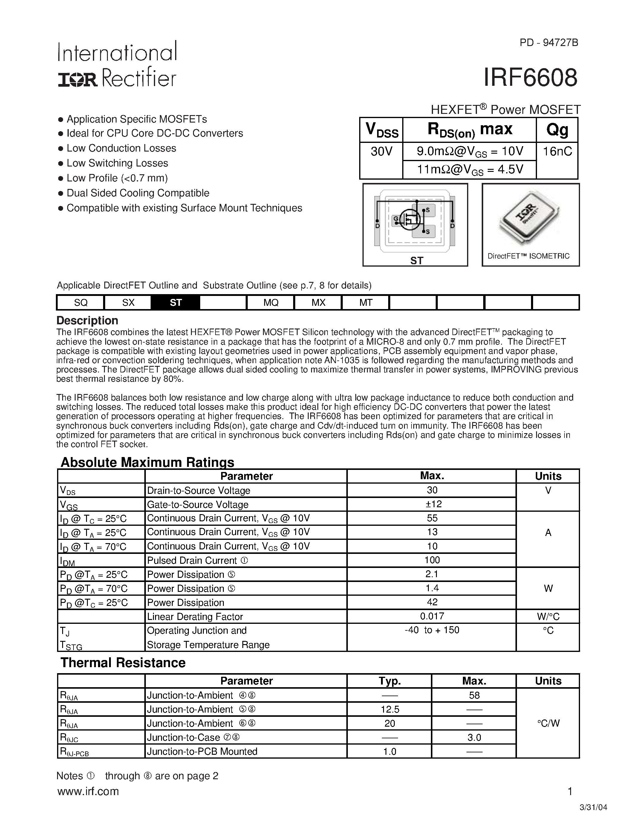 Datasheet IRF6608 page 1 Datasheet IRF6608 - lHEXFET Power MOSFET page 1