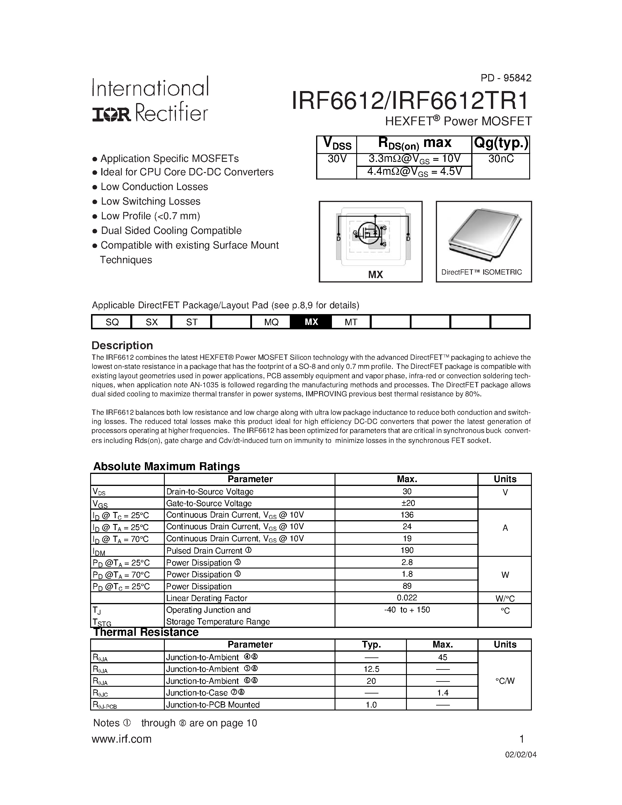 Даташит IRF6612 - HEXFET Power MOSFET страница 1