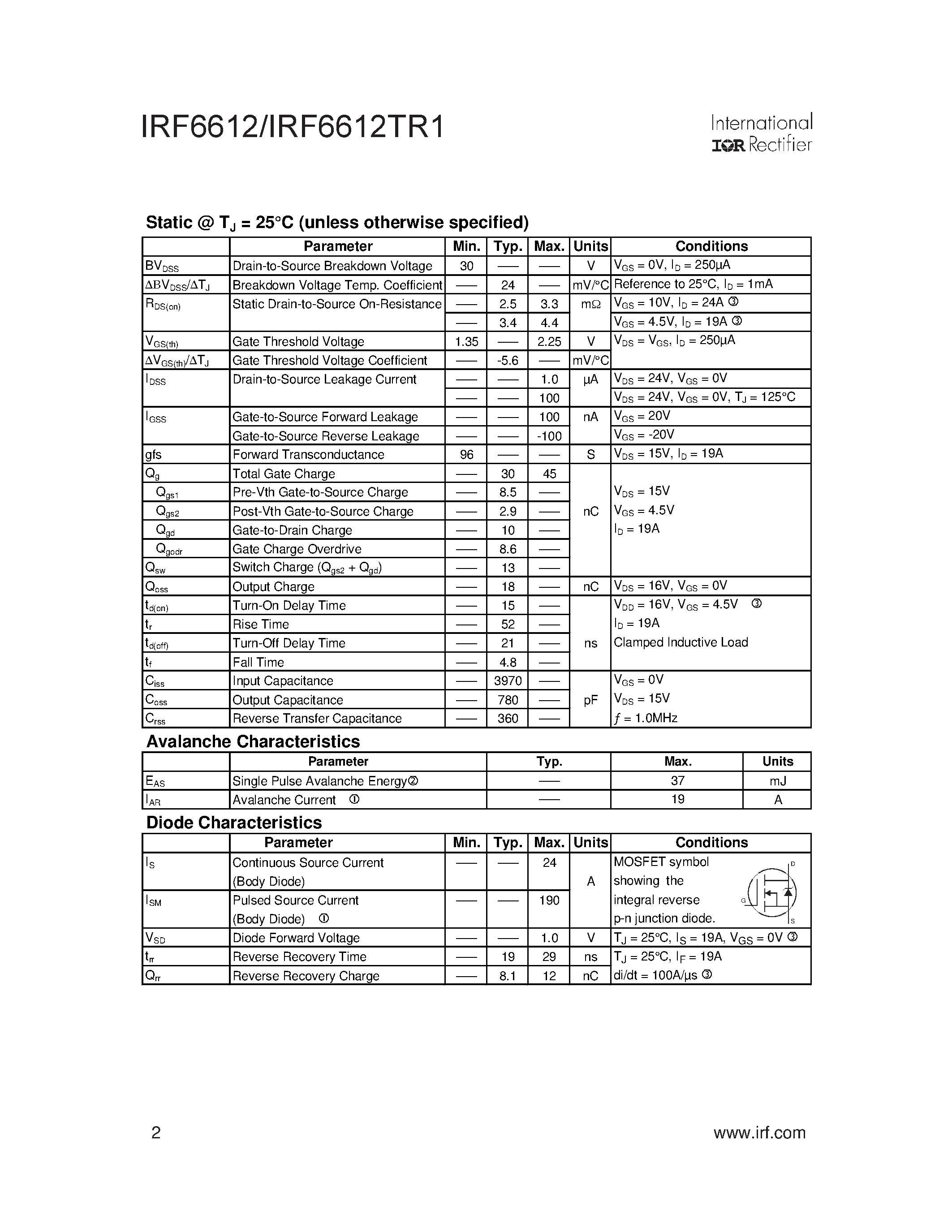 Даташит IRF6612 - HEXFET Power MOSFET страница 2