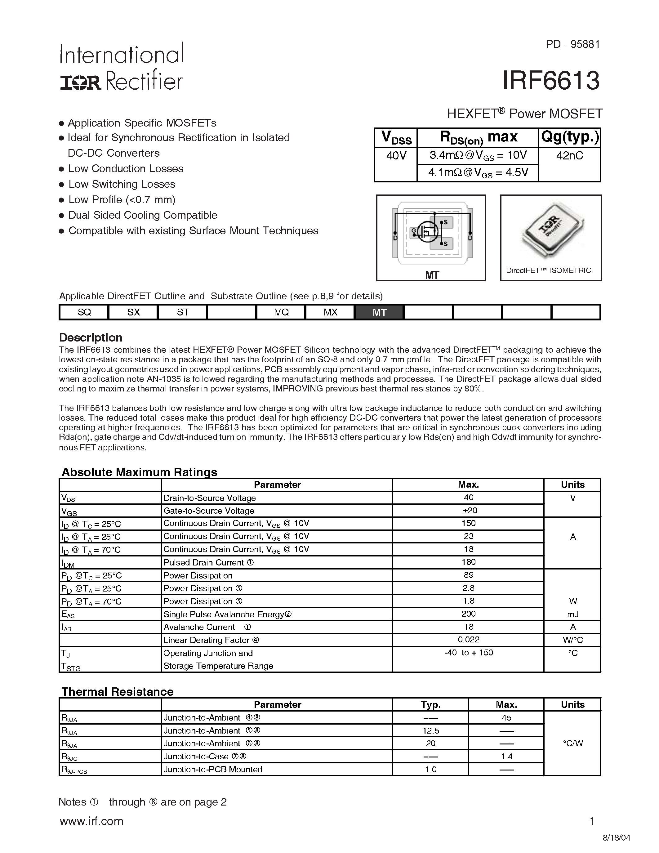Даташит IRF6613 - HEXFET Power MOSFET страница 1