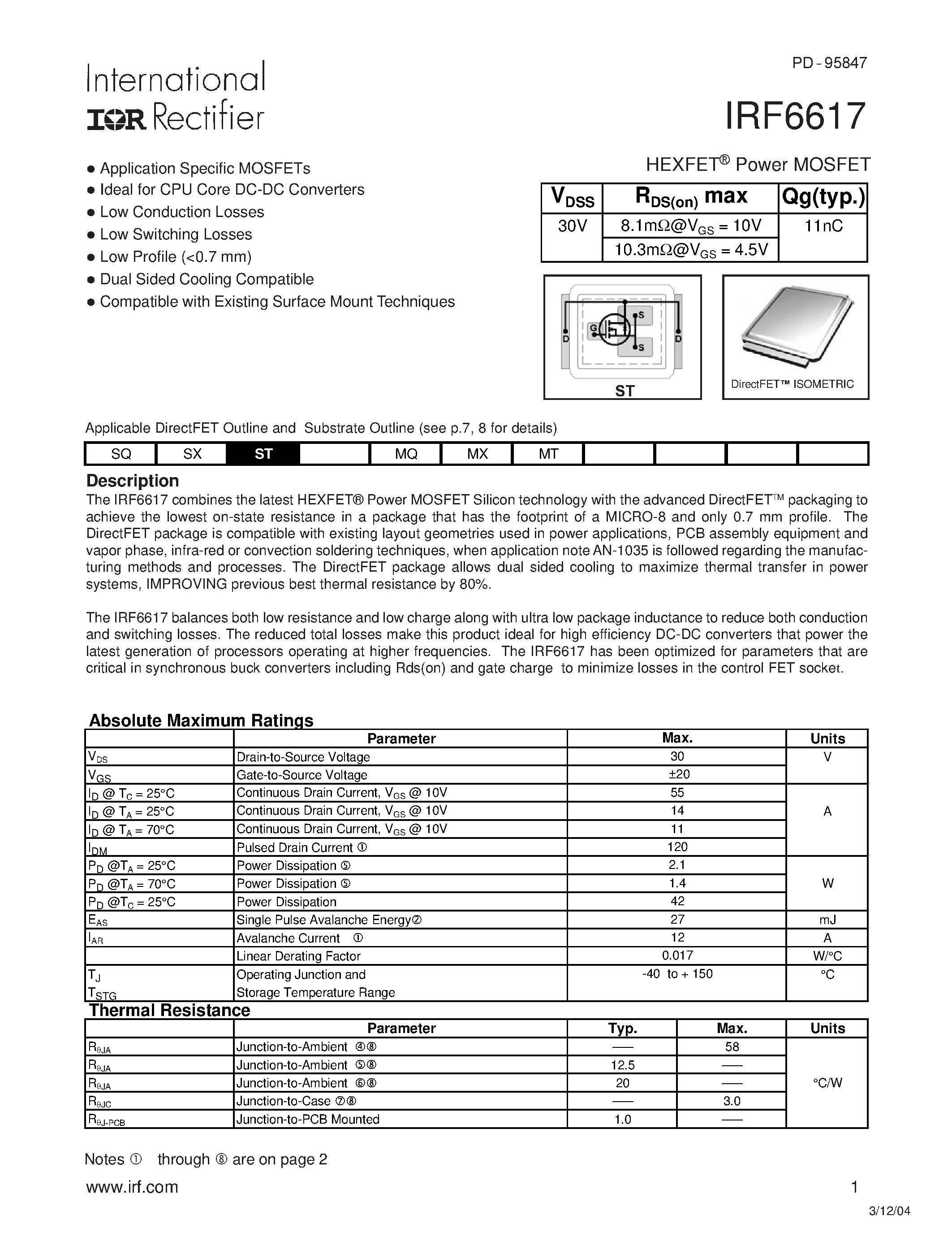 Datasheet IRF6617TR1 - HEXFET Power MOSFET page 1