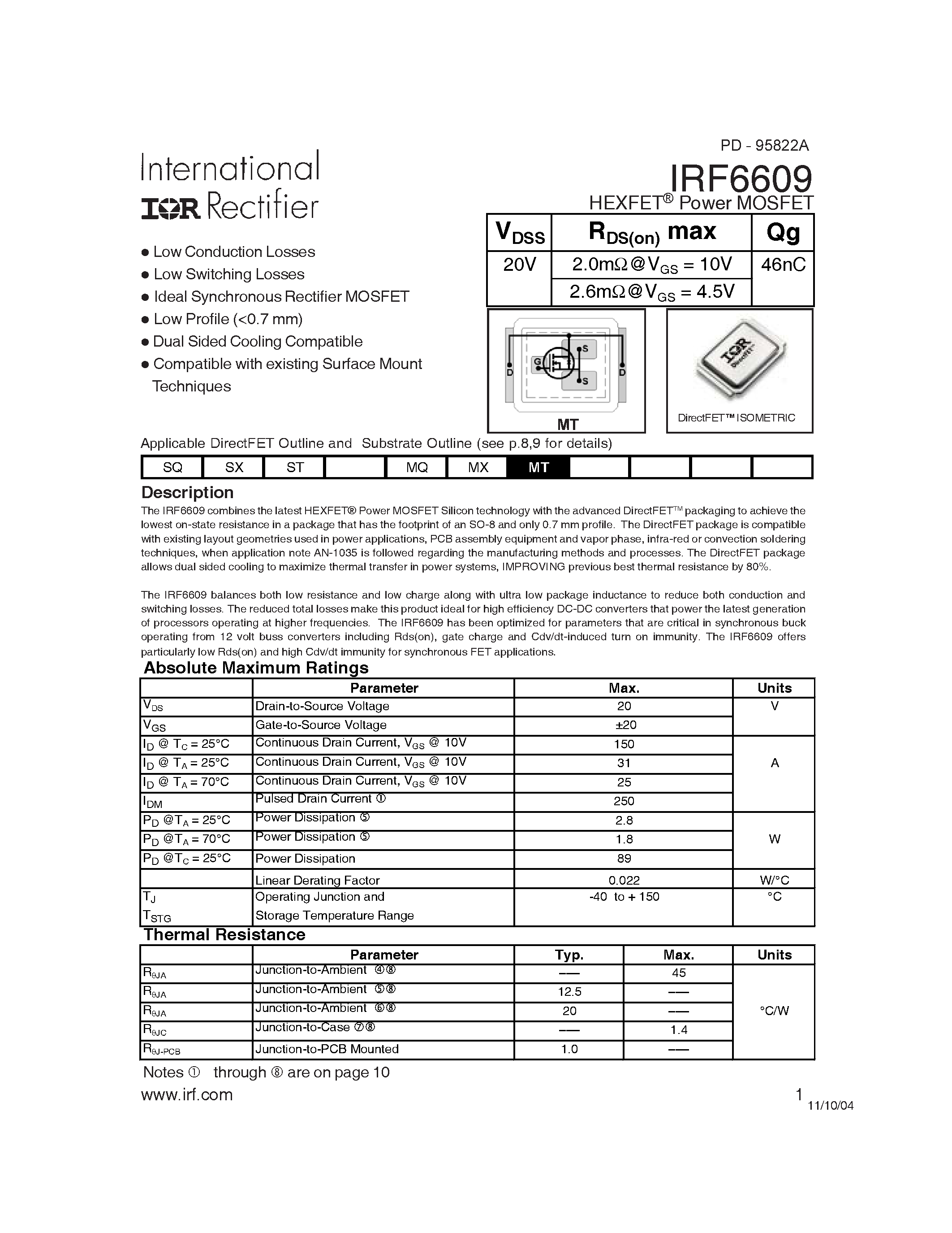 Datasheet IRF6618TR1 - HEXFET Power MOSFET page 1