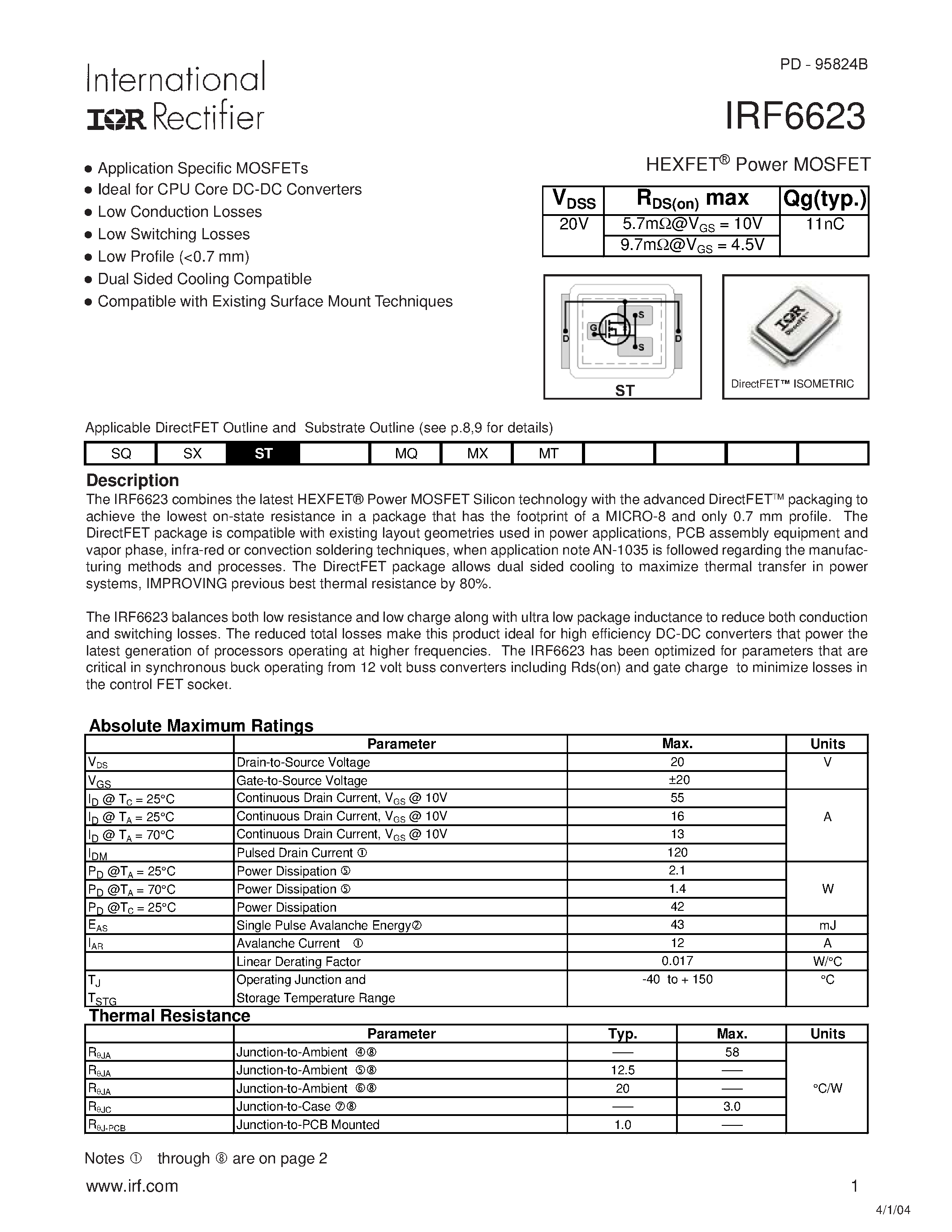 Datasheet IRF6623 - HEXFET Power MOSFET page 1