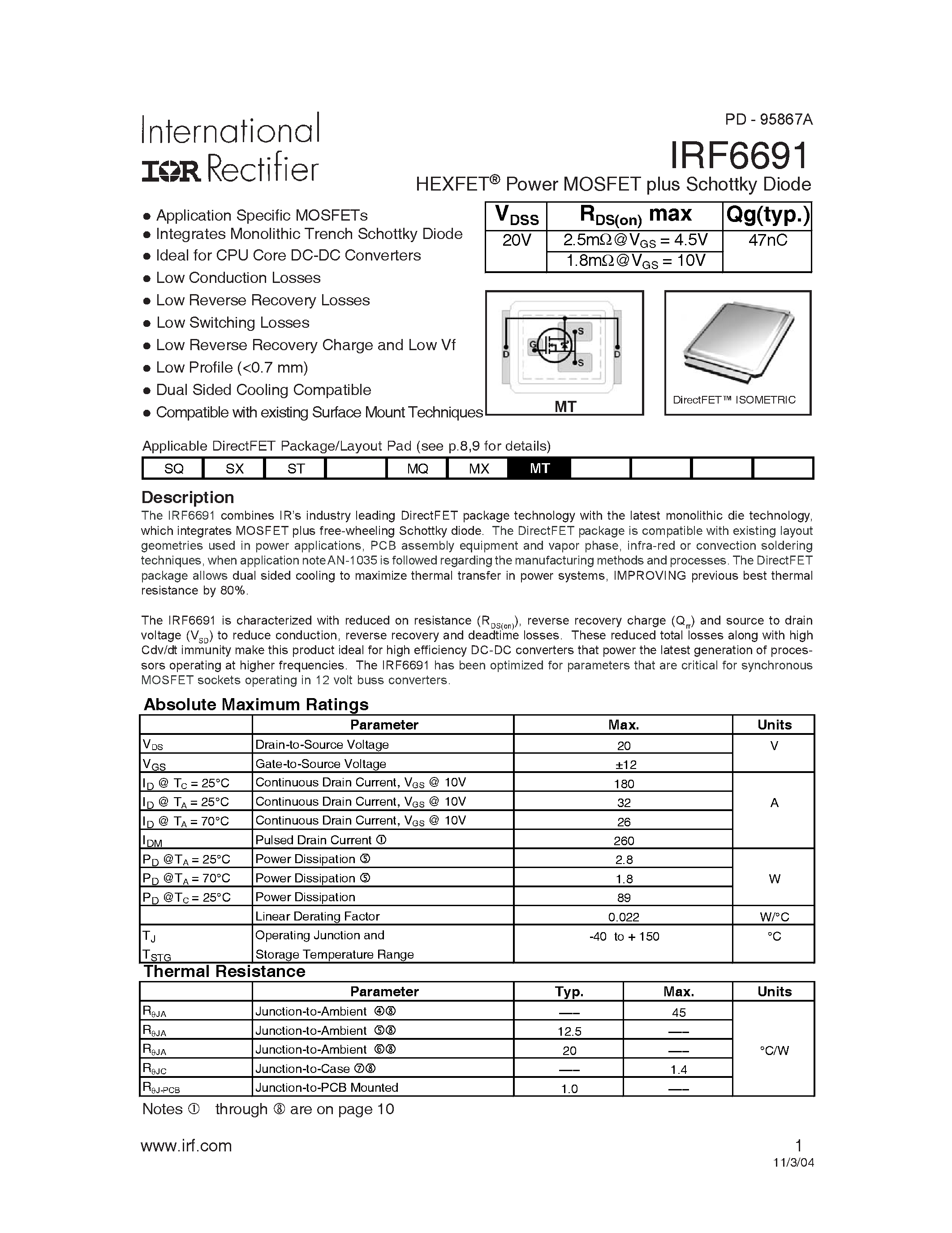 Datasheet IRF6691 - HEXFET Power MOSFET plus Schottky Diode page 1