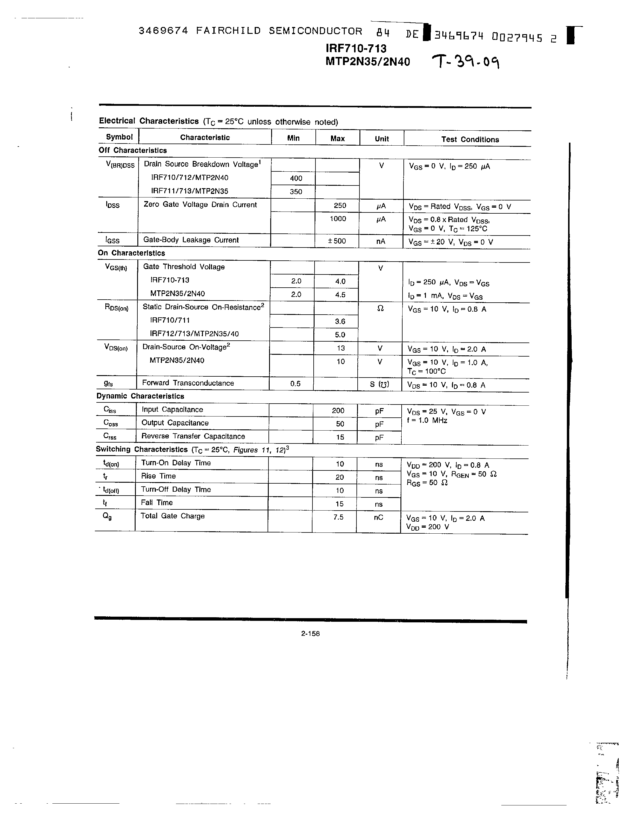 Datasheet IRF710-713 page 2 Datasheet IRF710-713 - N-Channel Power MOSFETs/ 2.25A/ 350-400V page 2