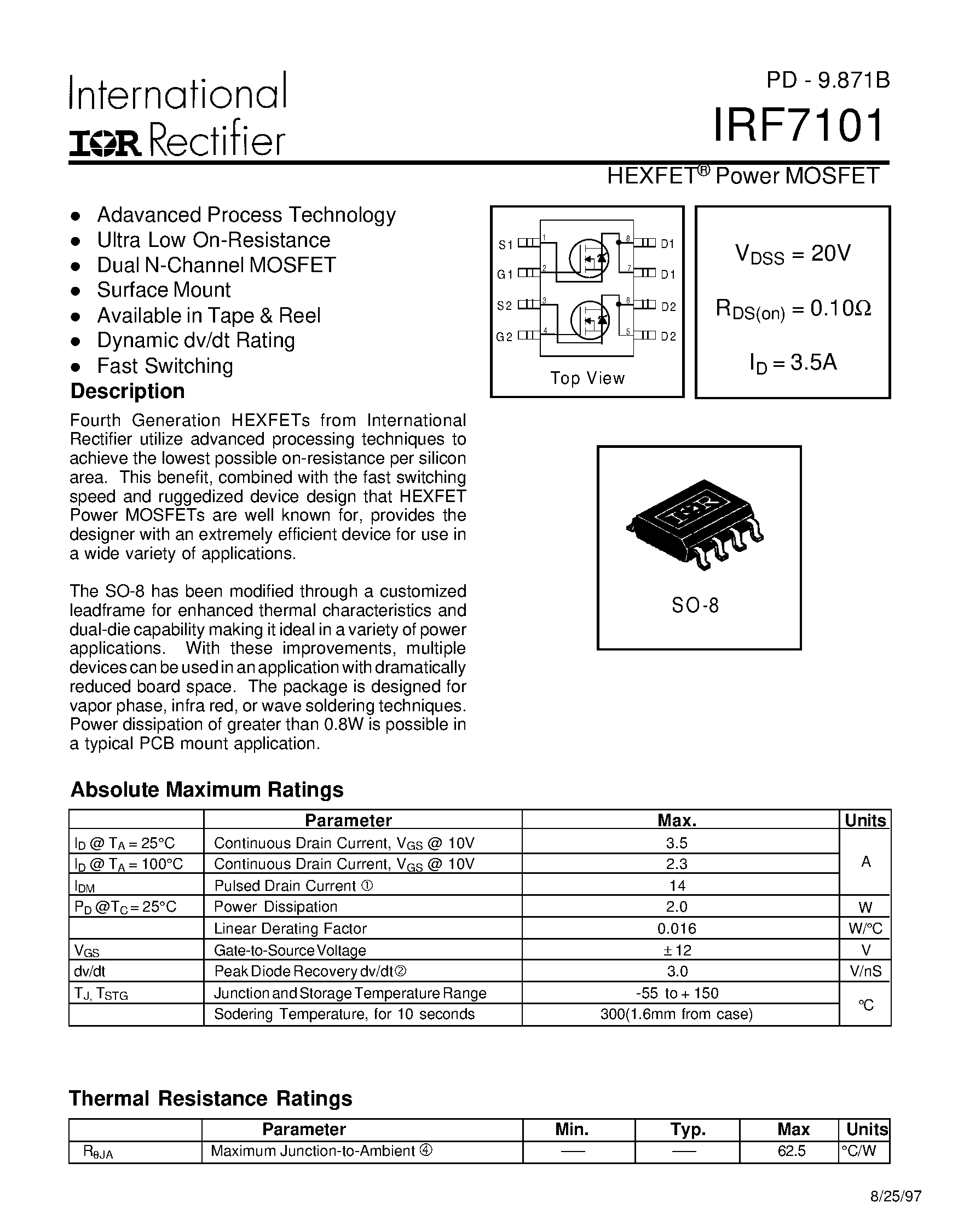 Datasheet IRF7101 page 1 Datasheet IRF7101 - HEXFET Power MOSFET page 1