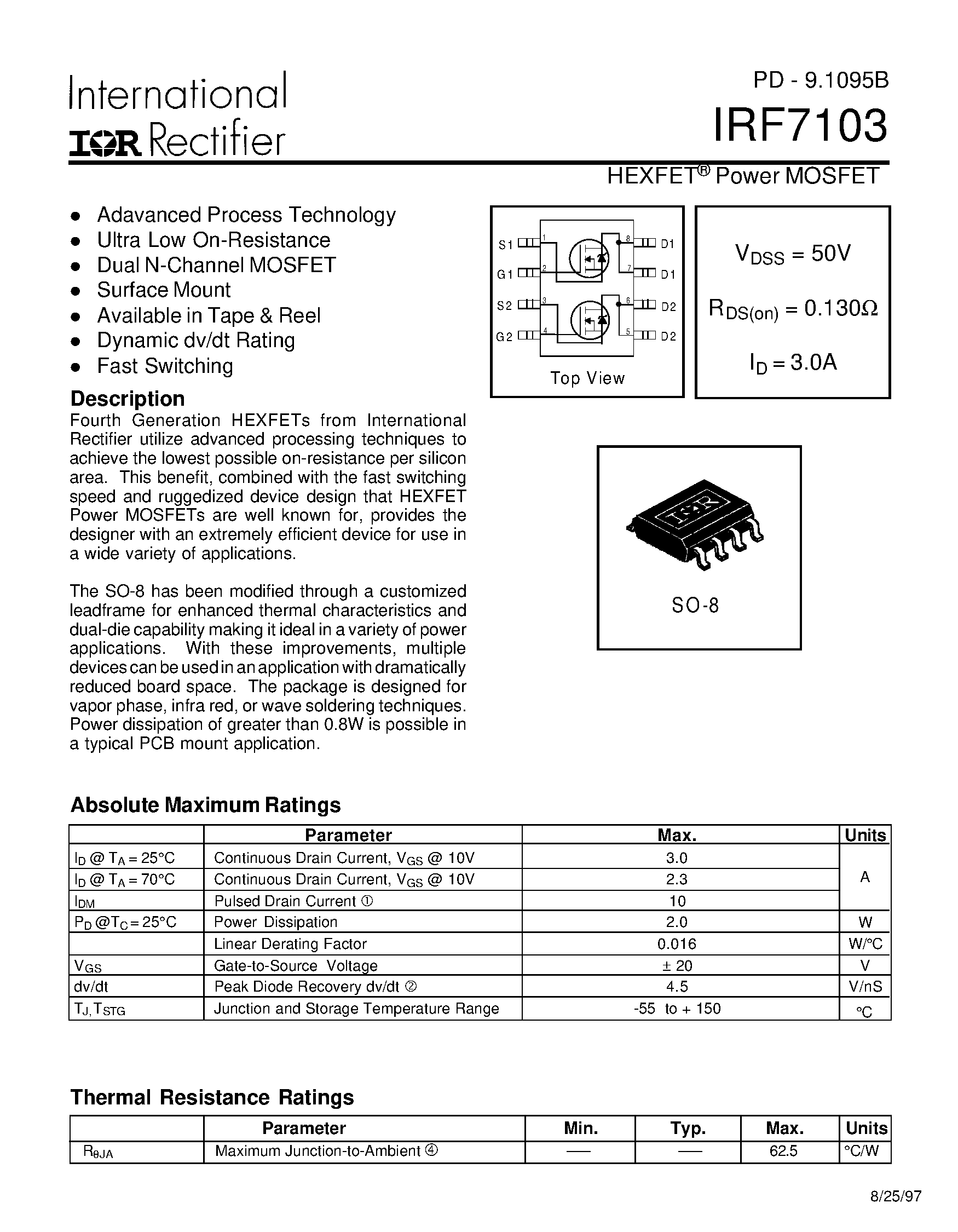 Datasheet IRF7103 - Power MOSFET(Vdss=50V/ Rds(on)=0.130ohm/ Id=3.0A) page 1