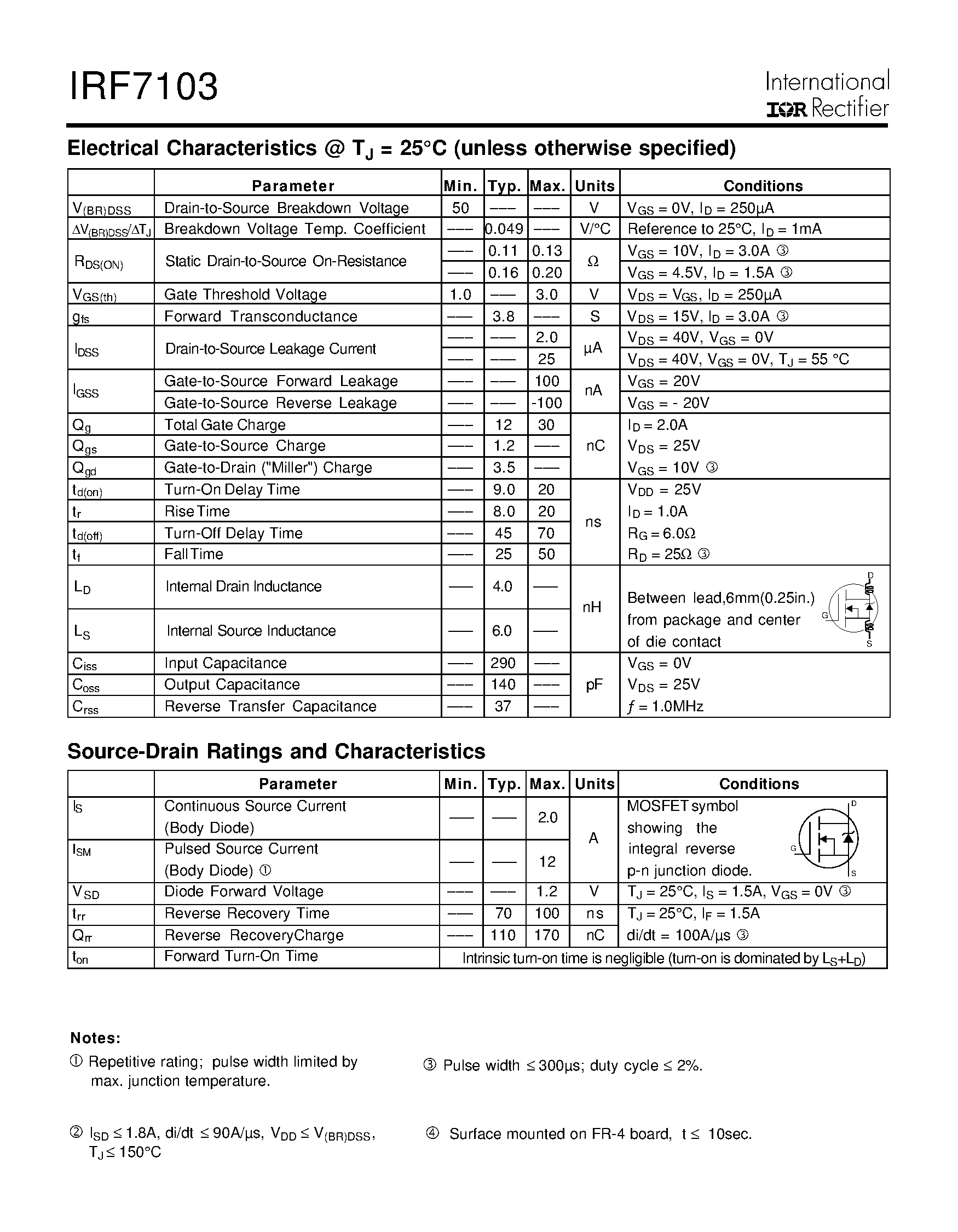 Datasheet IRF7103 - Power MOSFET(Vdss=50V/ Rds(on)=0.130ohm/ Id=3.0A) page 2