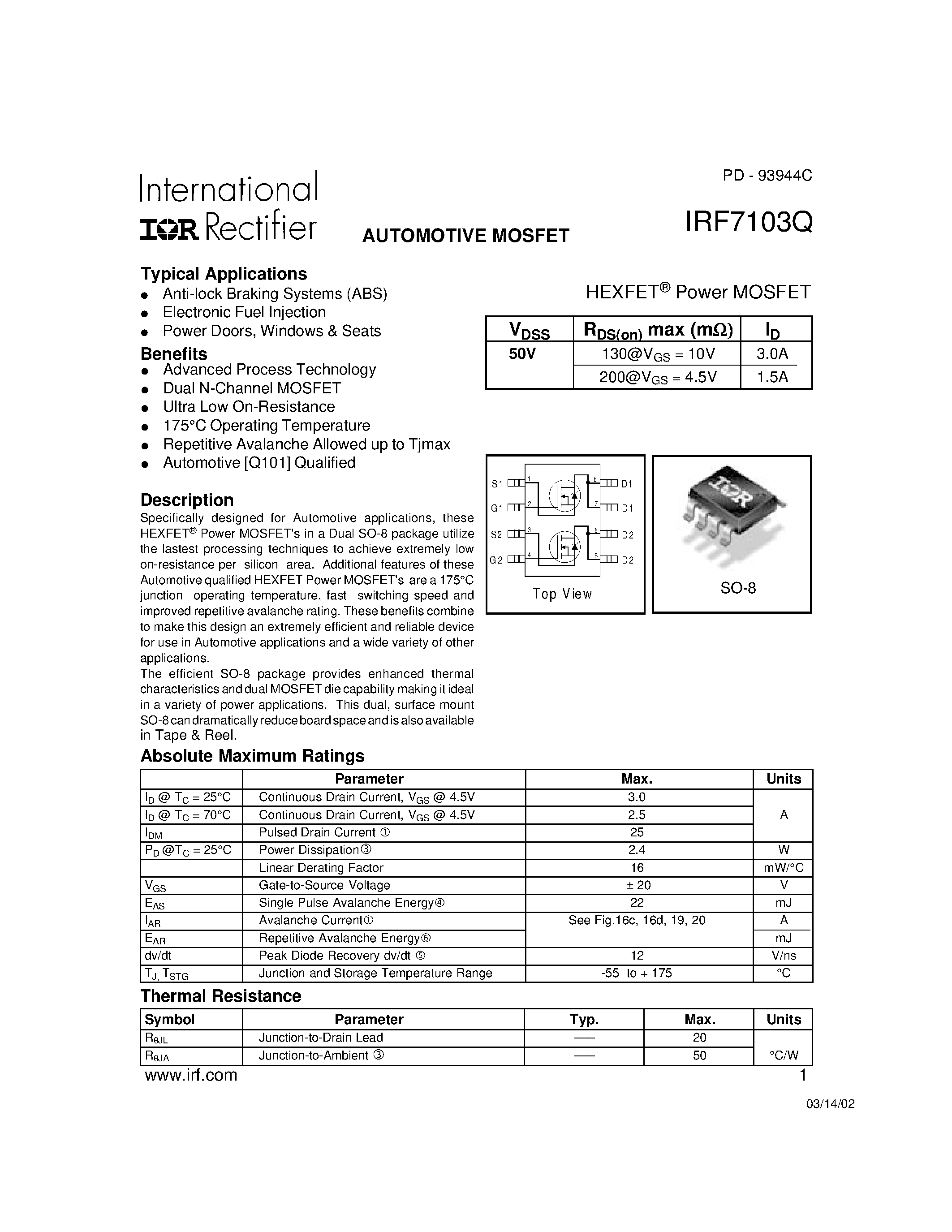 Datasheet IRF7103Q - Power MOSFET(Vdss=50V) page 1