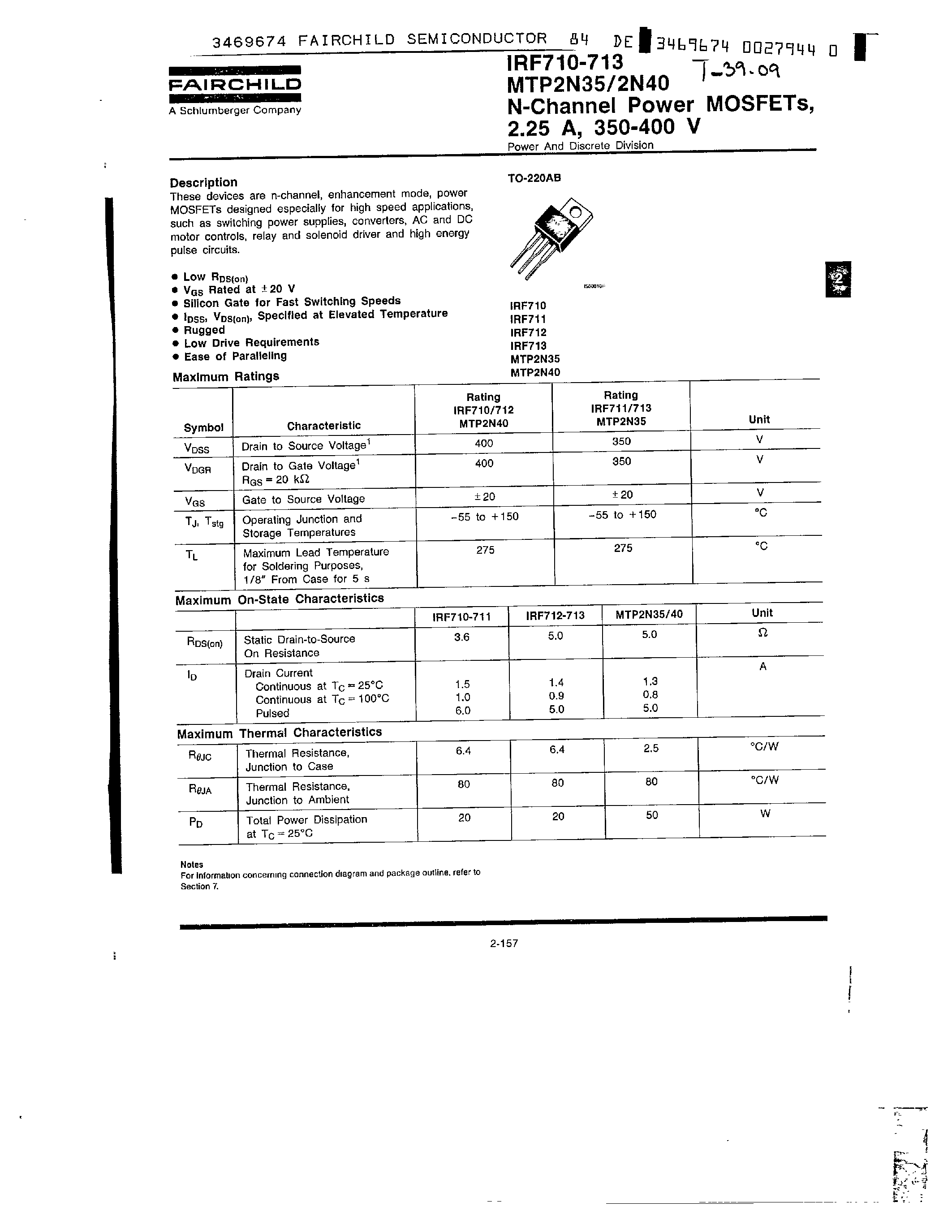 Даташит на микросхему IRF711 страница 1 Даташит IRF711 - N-Channel Power MOSFETs/ 2.25A/ 350-400V страница 1