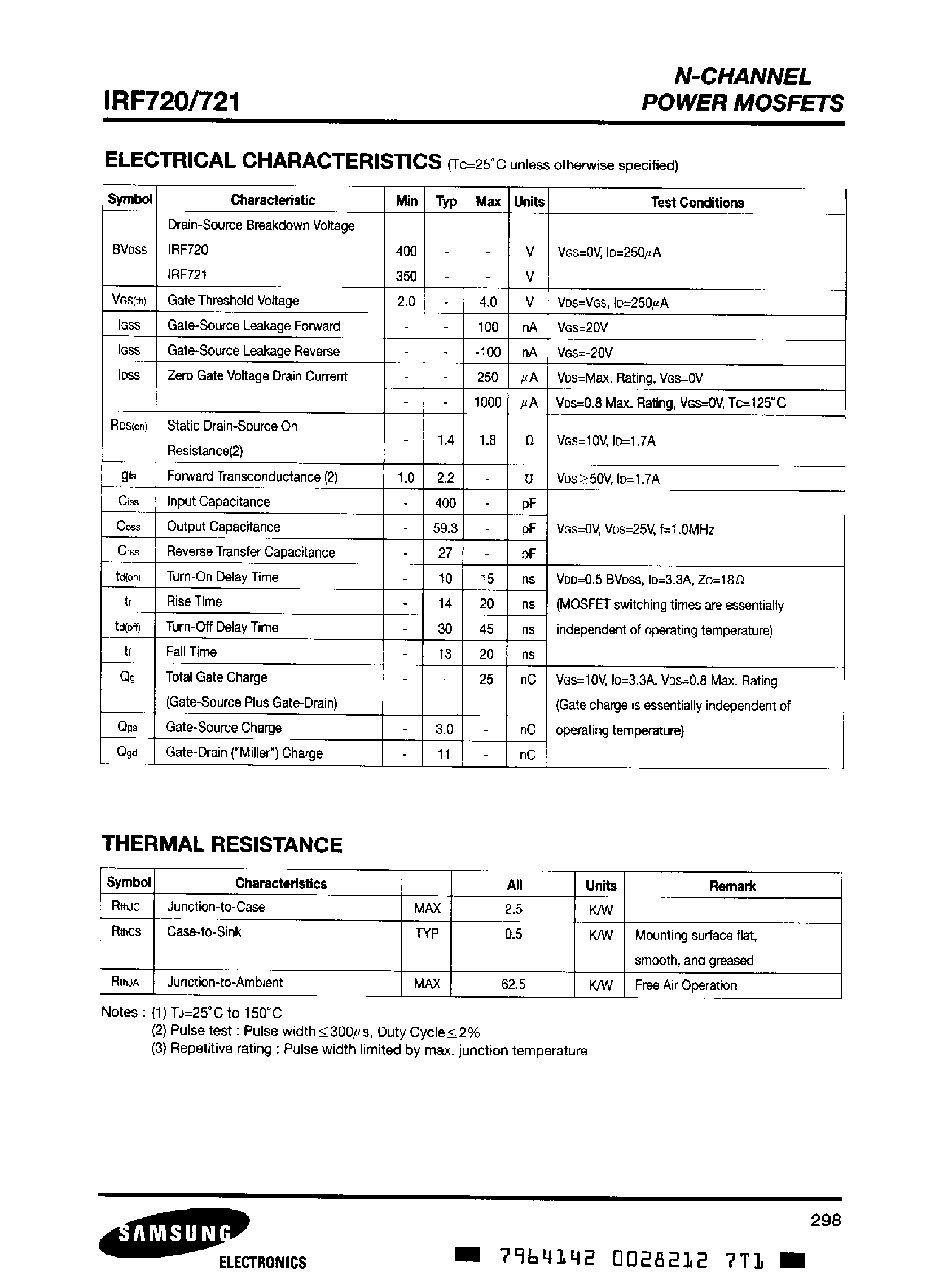 Datasheet IRF720 page 2 Datasheet IRF720 - N-CHANNEL POWER MOSFETS page 2