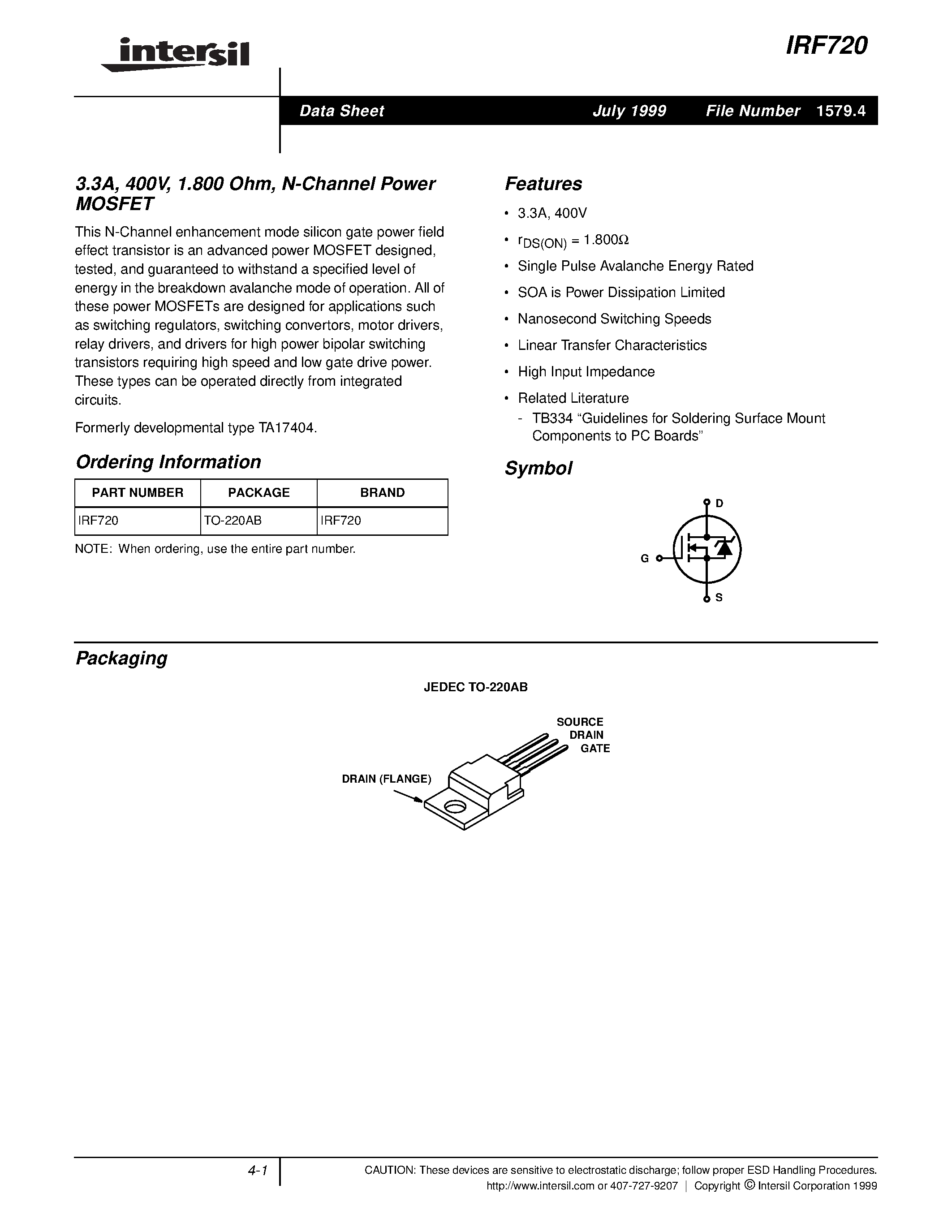 Datasheet IRF720 page 1 Datasheet IRF720 - 3.3A/ 400V/ 1.800 Ohm/ N-Channel Power MOSFET page 1