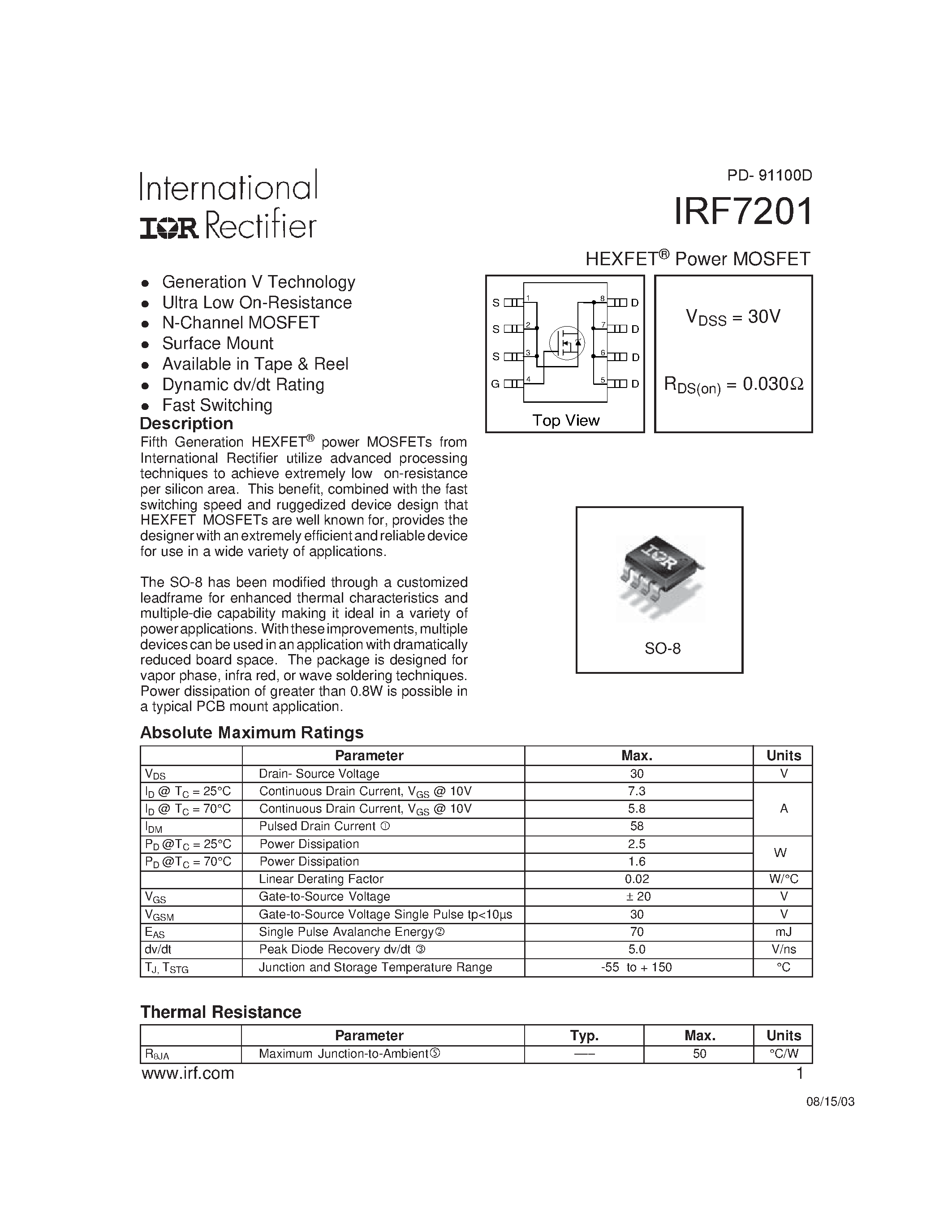 Datasheet IRF7201 page 1 Datasheet IRF7201 - HEXFET Power MOSFET page 1
