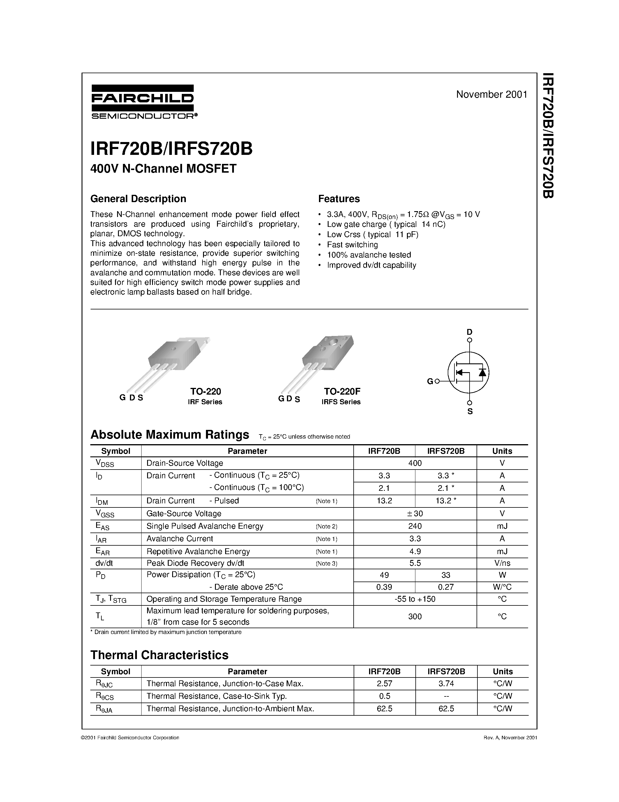 Datasheet IRF720B - 400V N-Channel MOSFET page 1
