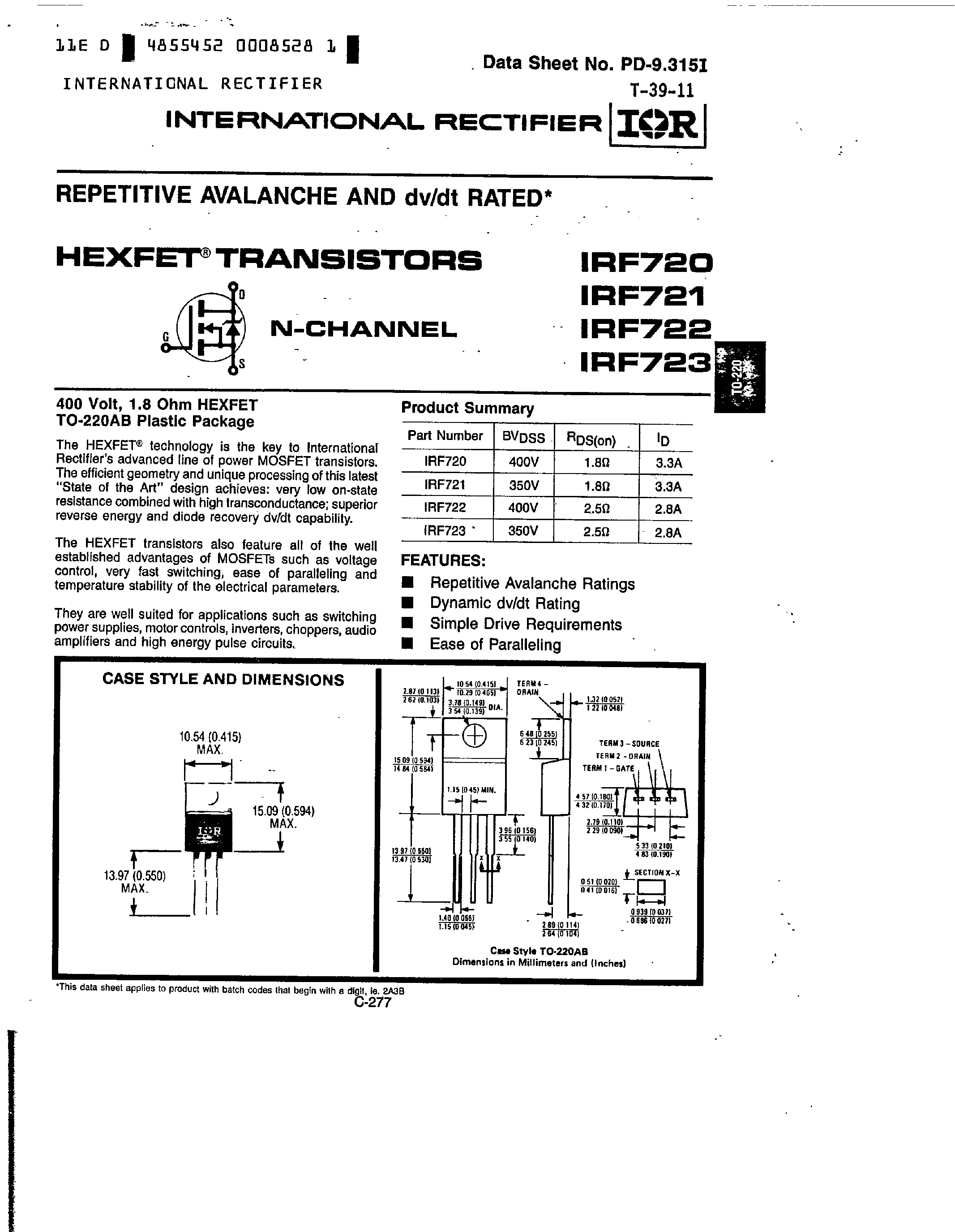 Datasheet IRF722 - TRANSISTORS N-CHANNEL page 1