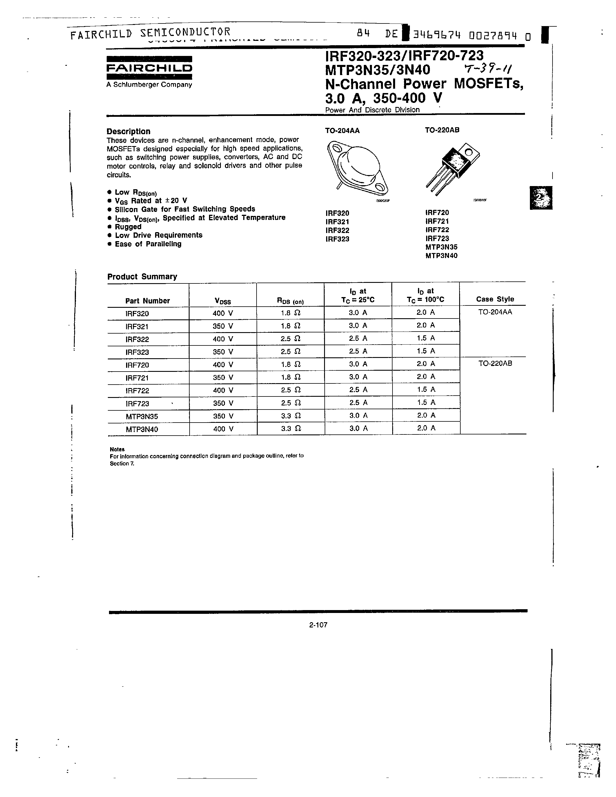 Datasheet IRF722 page 1 Datasheet IRF722 - N-Channel Power MOSFETs/ 3.0 A/ 350-400 V page 1