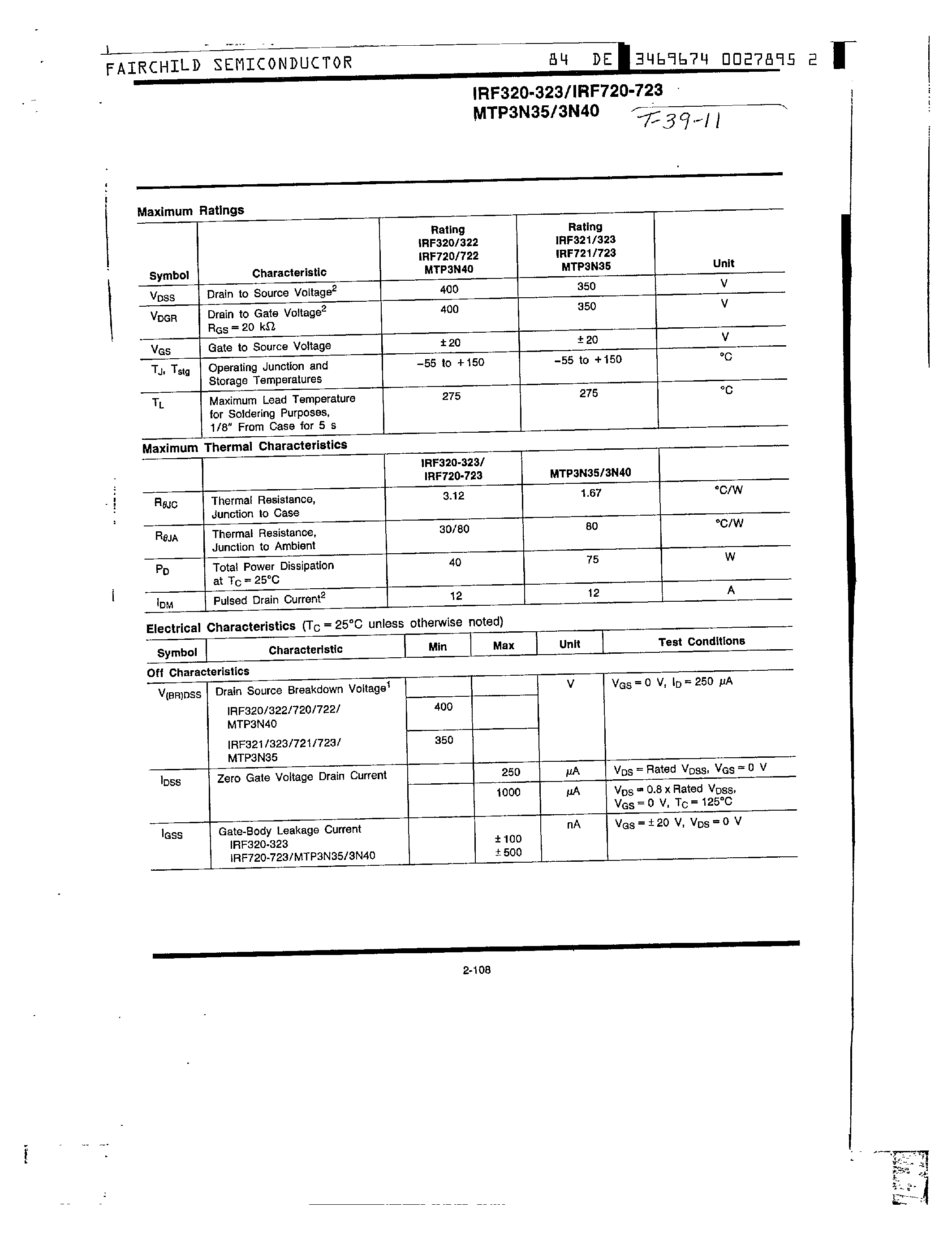 Datasheet IRF723 - N-Channel Power MOSFETs/ 3.0 A/ 350-400 V page 2