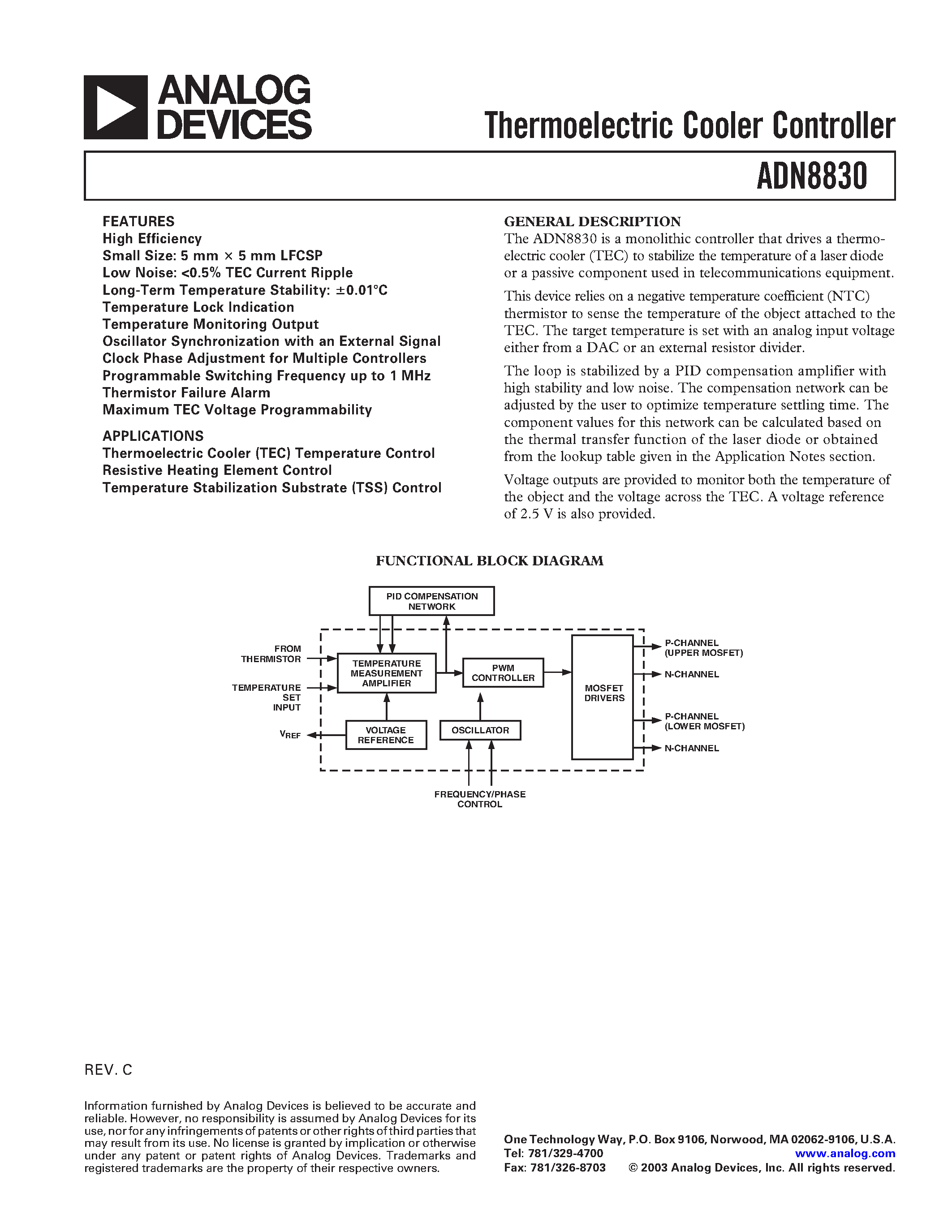Datasheet IRF7233 page 1 Datasheet IRF7233 - Thermoelectric Cooler Controller page 1