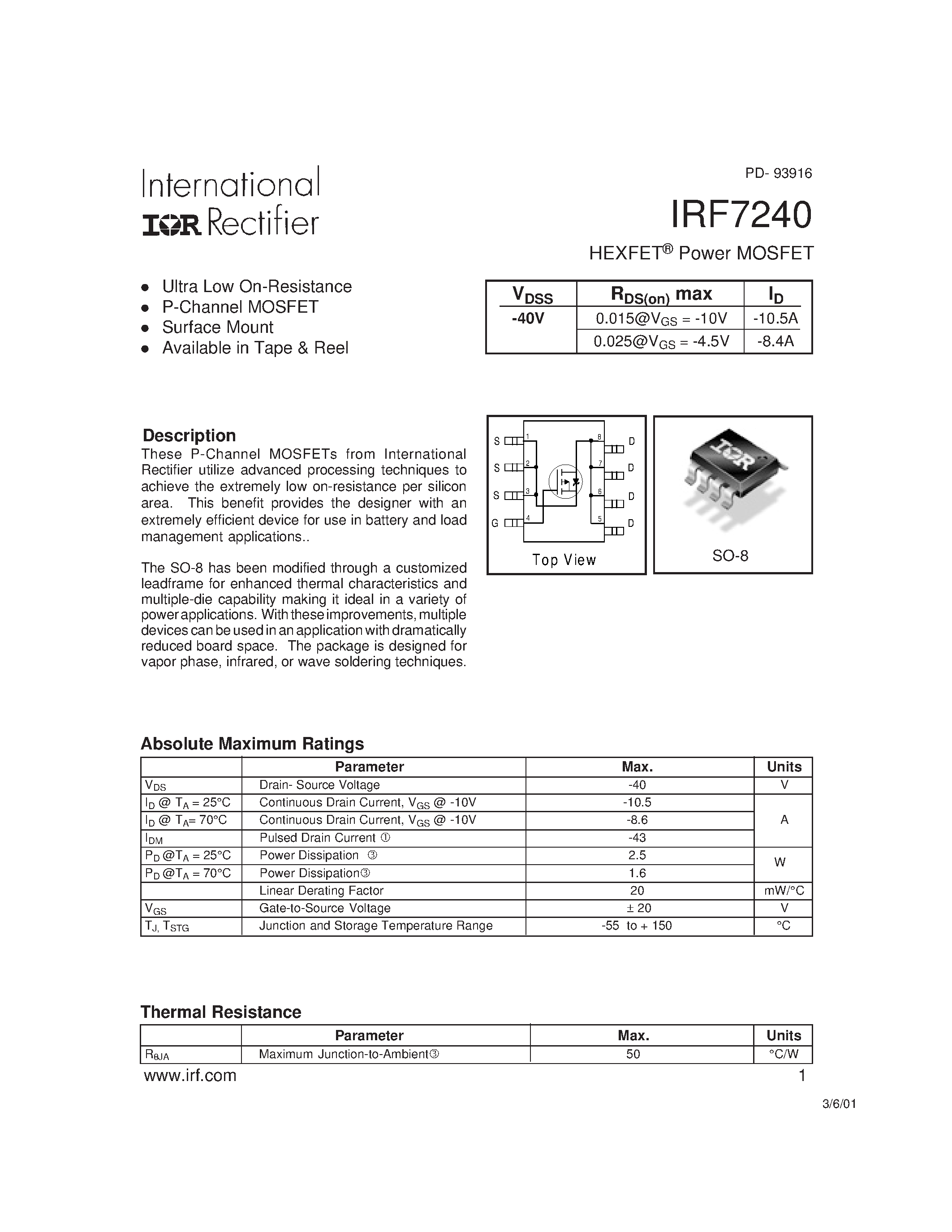 Datasheet IRF7240 - HEXFET Power MOSFET page 1