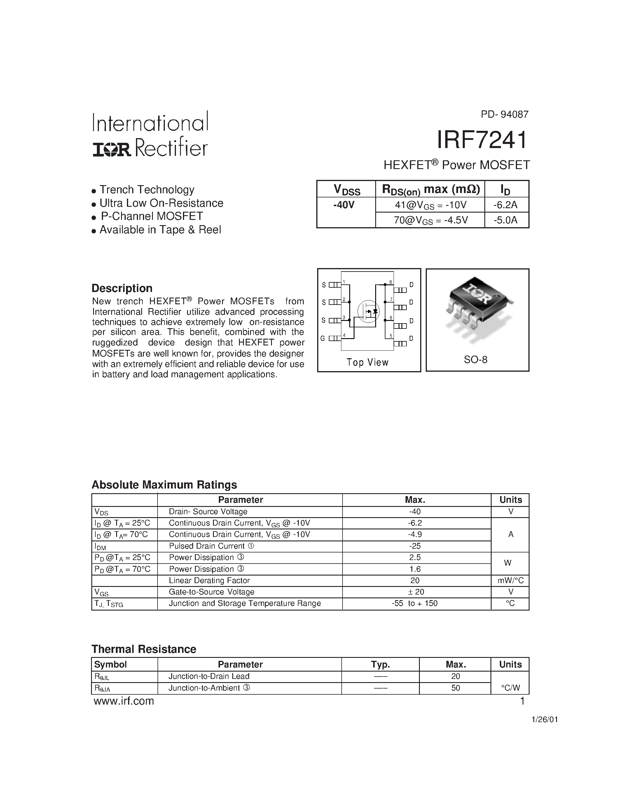 Datasheet IRF7241 - HEXFET Power MOSFET page 1