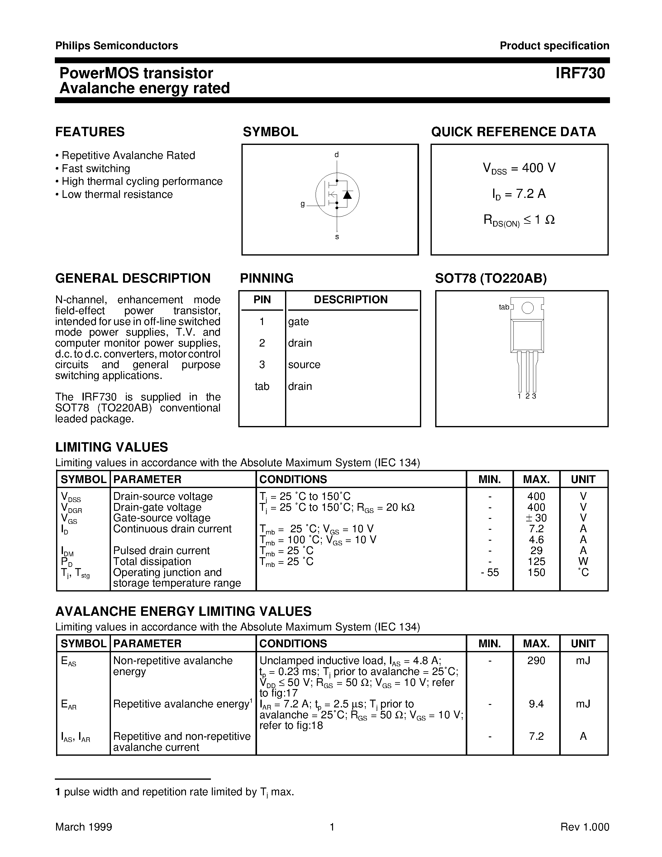 Datasheet IRF730 - PowerMOS transistor Avalanche energy rated page 1