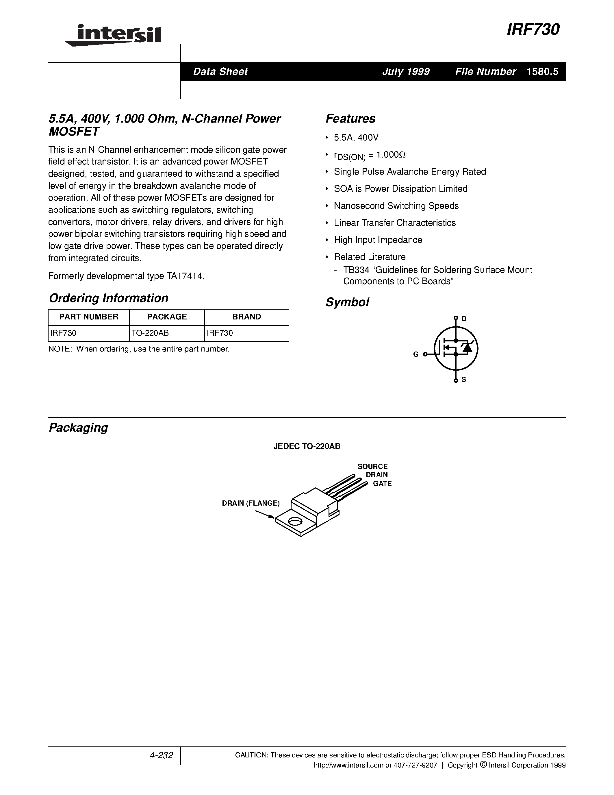 Datasheet IRF730 - 5.5A/ 400V/ 1.000 Ohm/ N-Channel Power MOSFET page 1