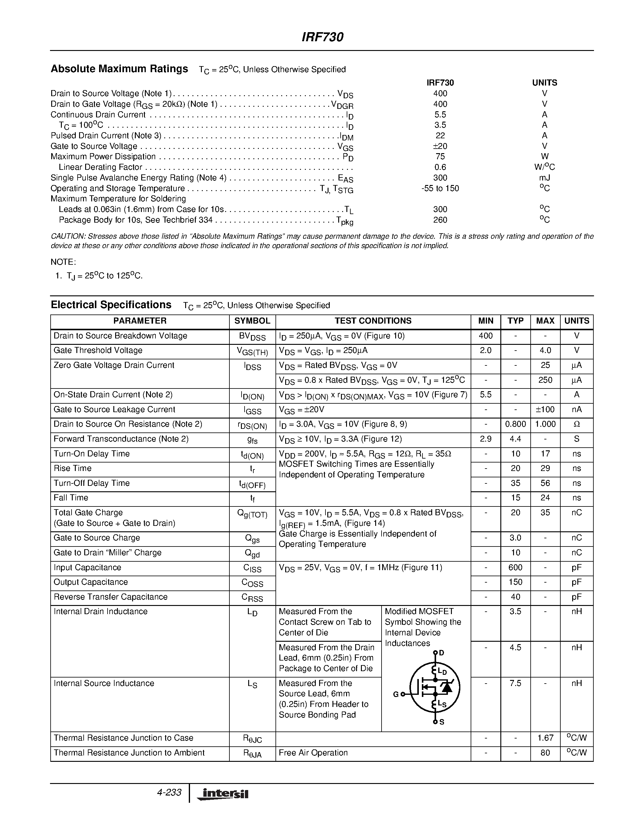Datasheet IRF730 - 5.5A/ 400V/ 1.000 Ohm/ N-Channel Power MOSFET page 2