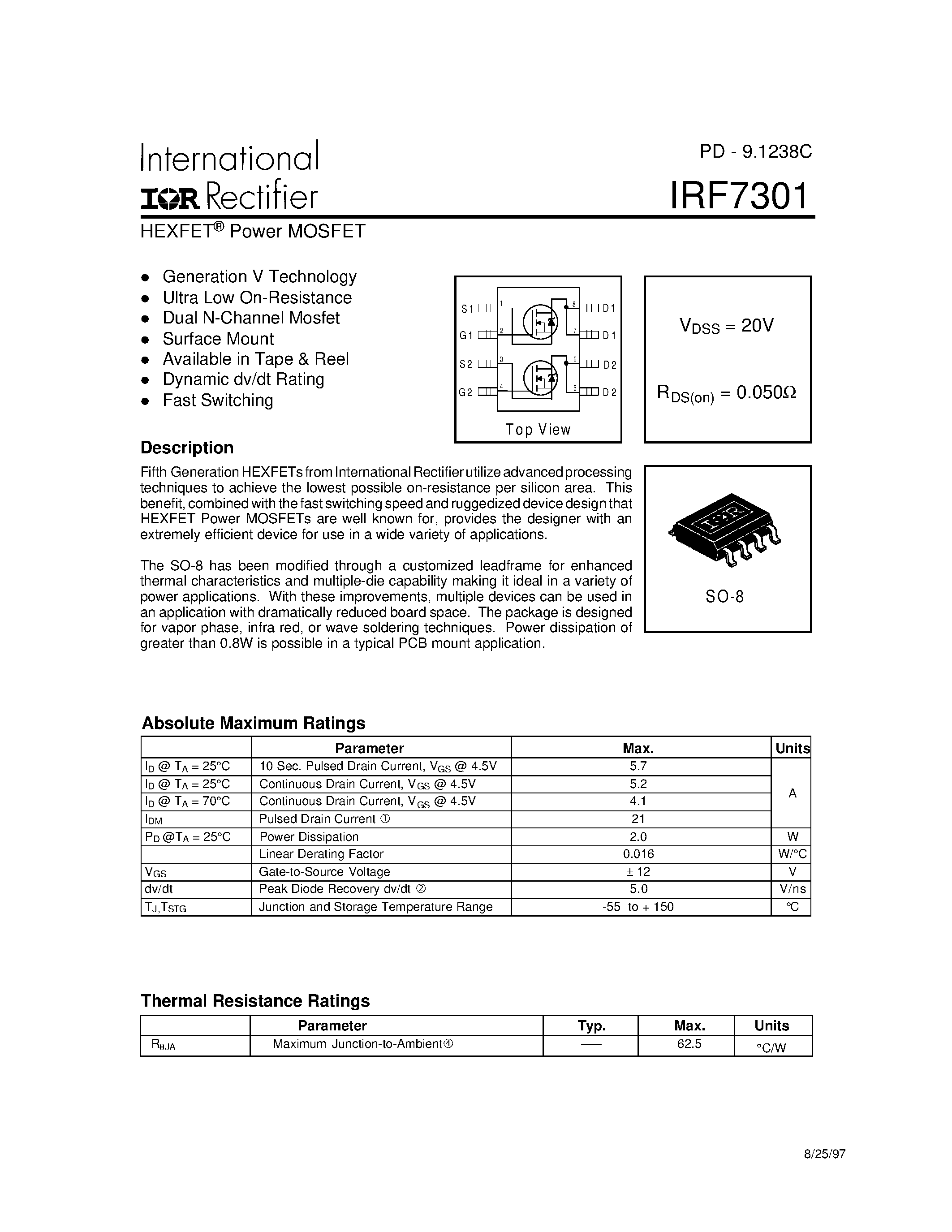 Datasheet IRF7301 - Power MOSFET(Vdss=20V/ Rds(on)=0.050ohm) page 1