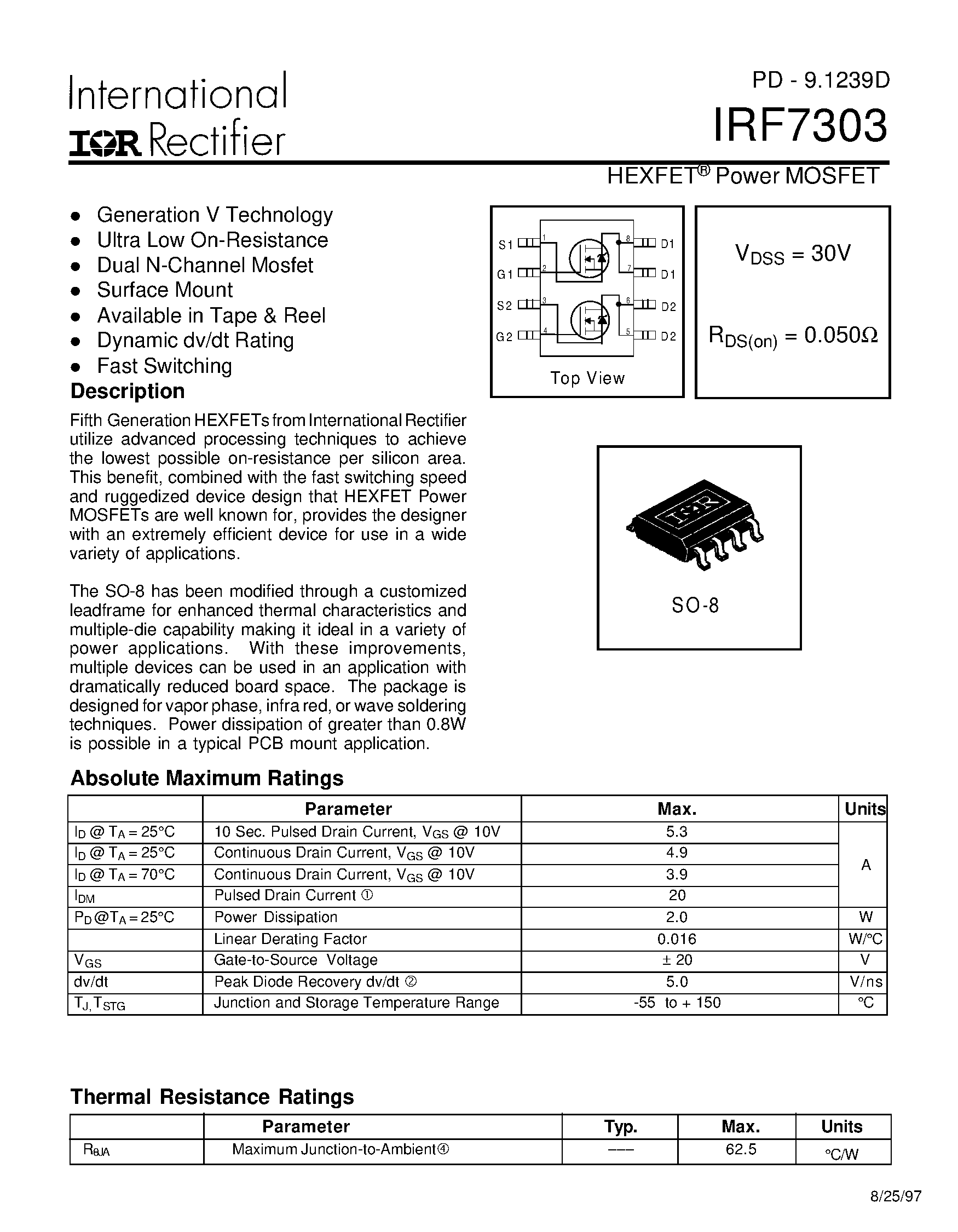 Datasheet IRF7303 page 1 Datasheet IRF7303 - Power MOSFET(Vdss=30V/ Rds(on)=0.050ohm) page 1