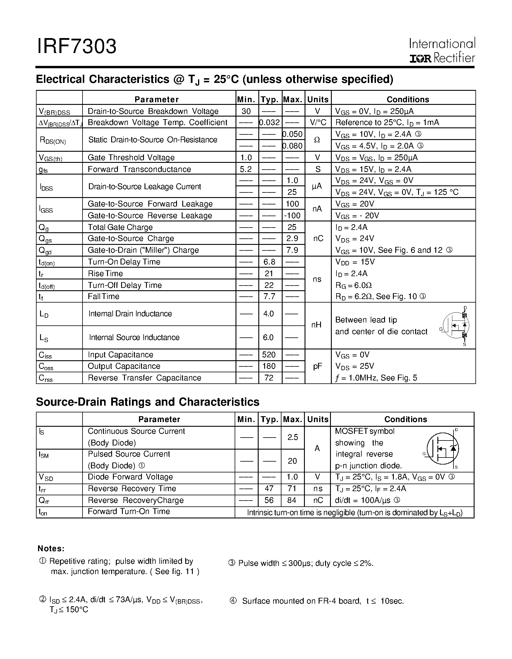 Datasheet IRF7303 page 2 Datasheet IRF7303 - Power MOSFET(Vdss=30V/ Rds(on)=0.050ohm) page 2