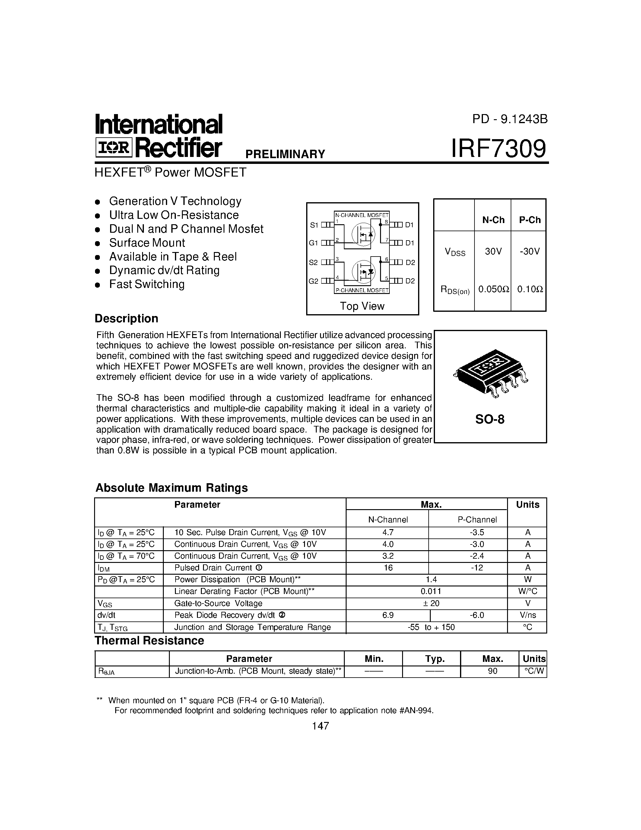 Datasheet IRF7309 - HEXFET Power MOSFET page 1
