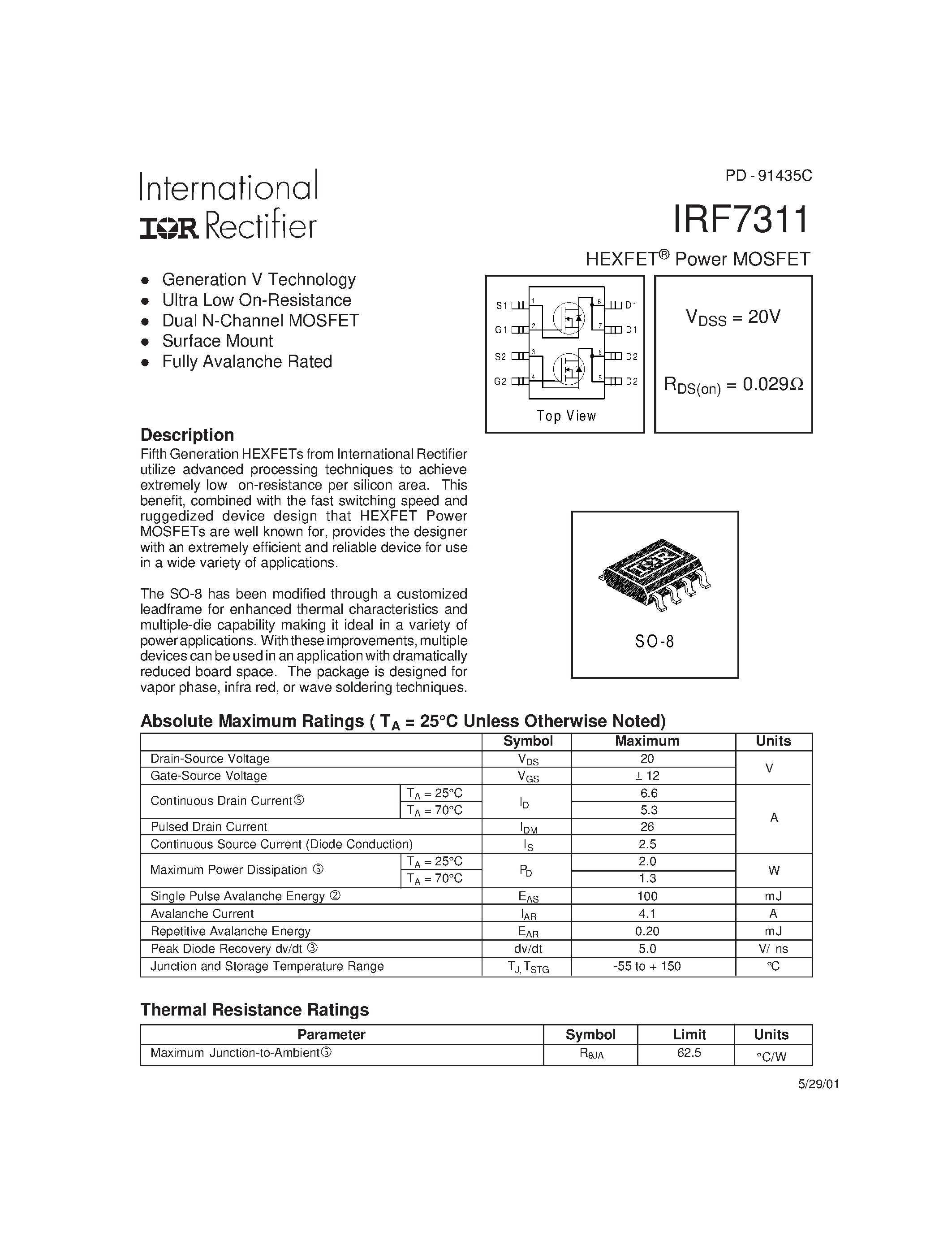 Datasheet IRF7311 - HEXFET Power MOSFET page 1