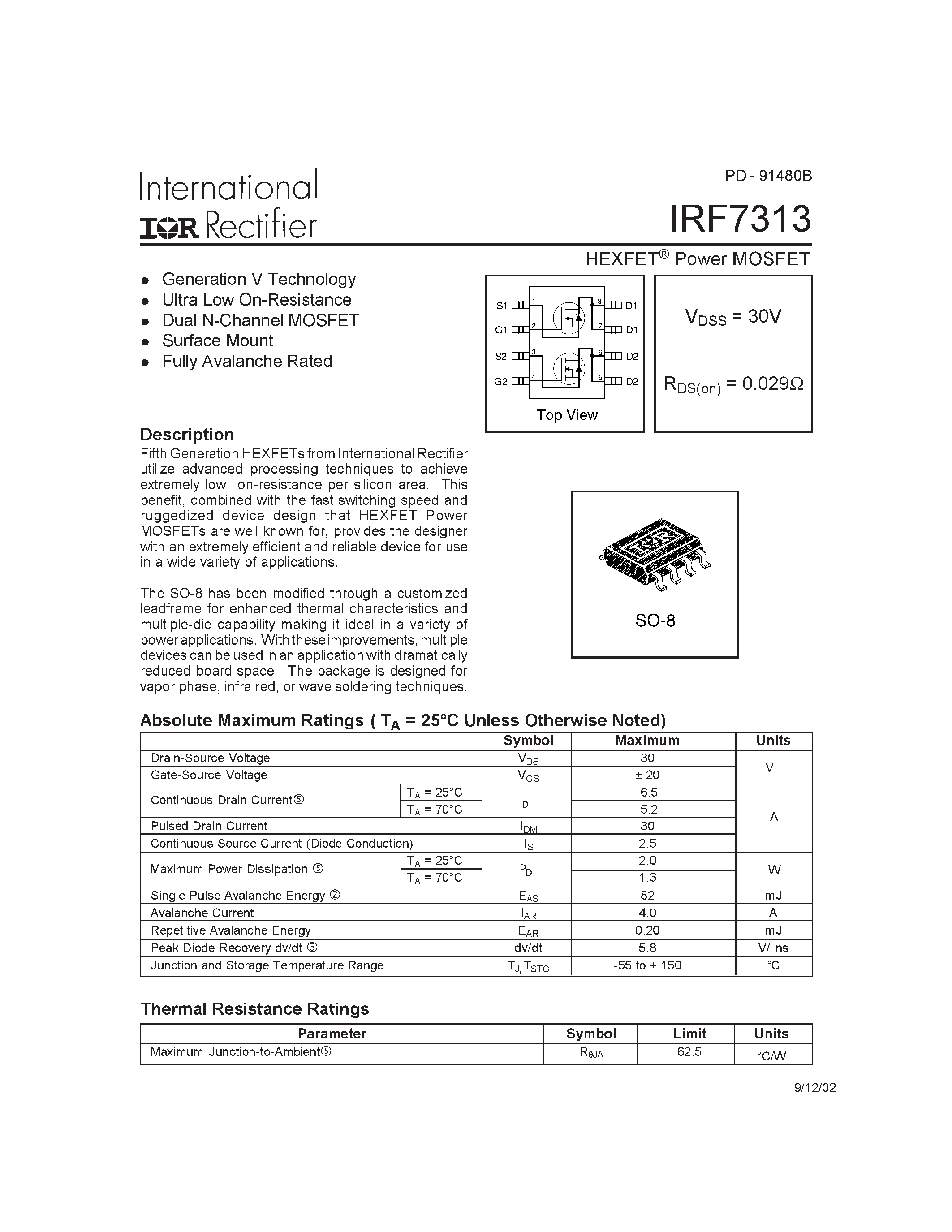 Datasheet IRF7313 - HEXFET POWER MOSFET page 1