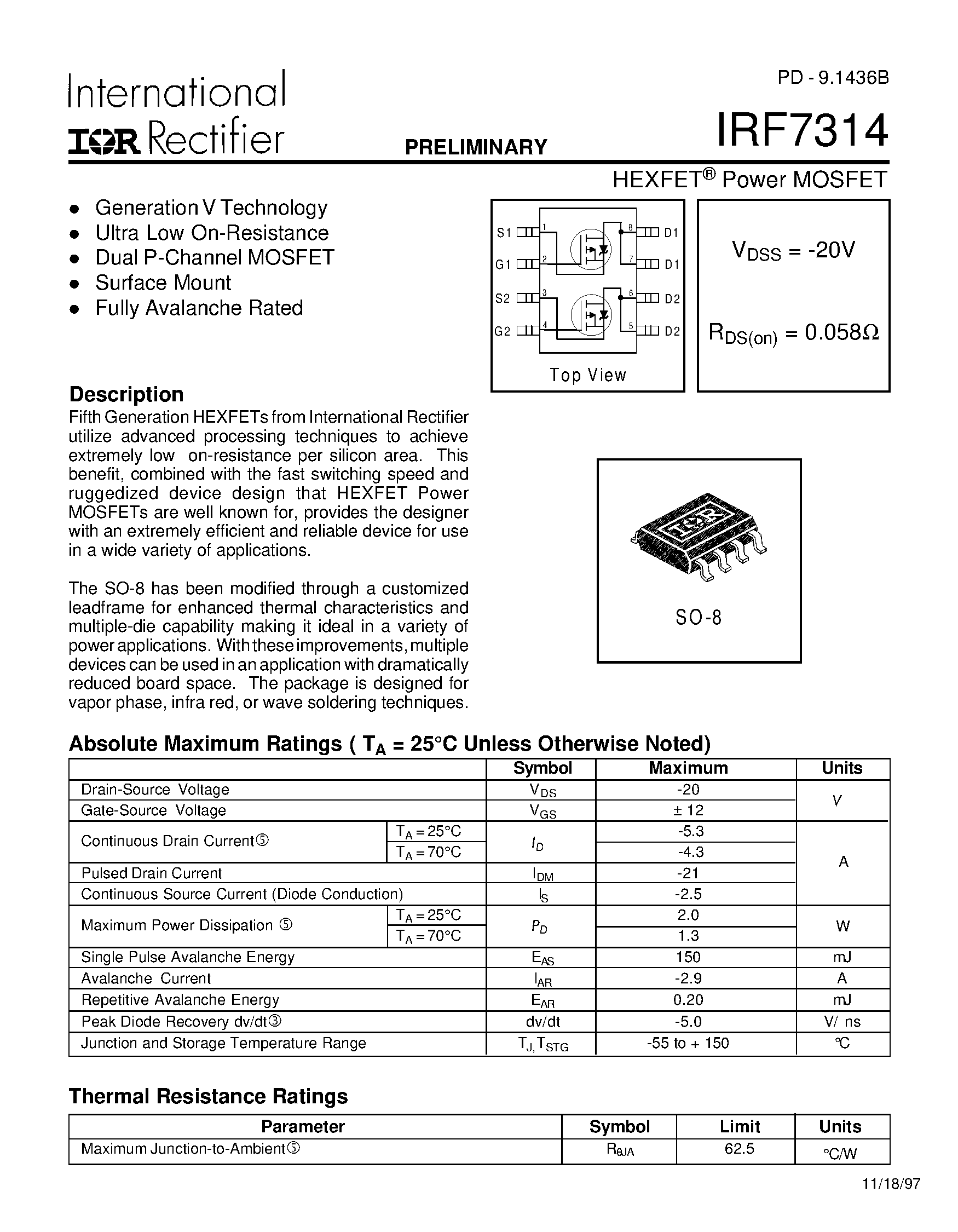 Datasheet IRF7314 - HEXFET Power MOSFET page 1