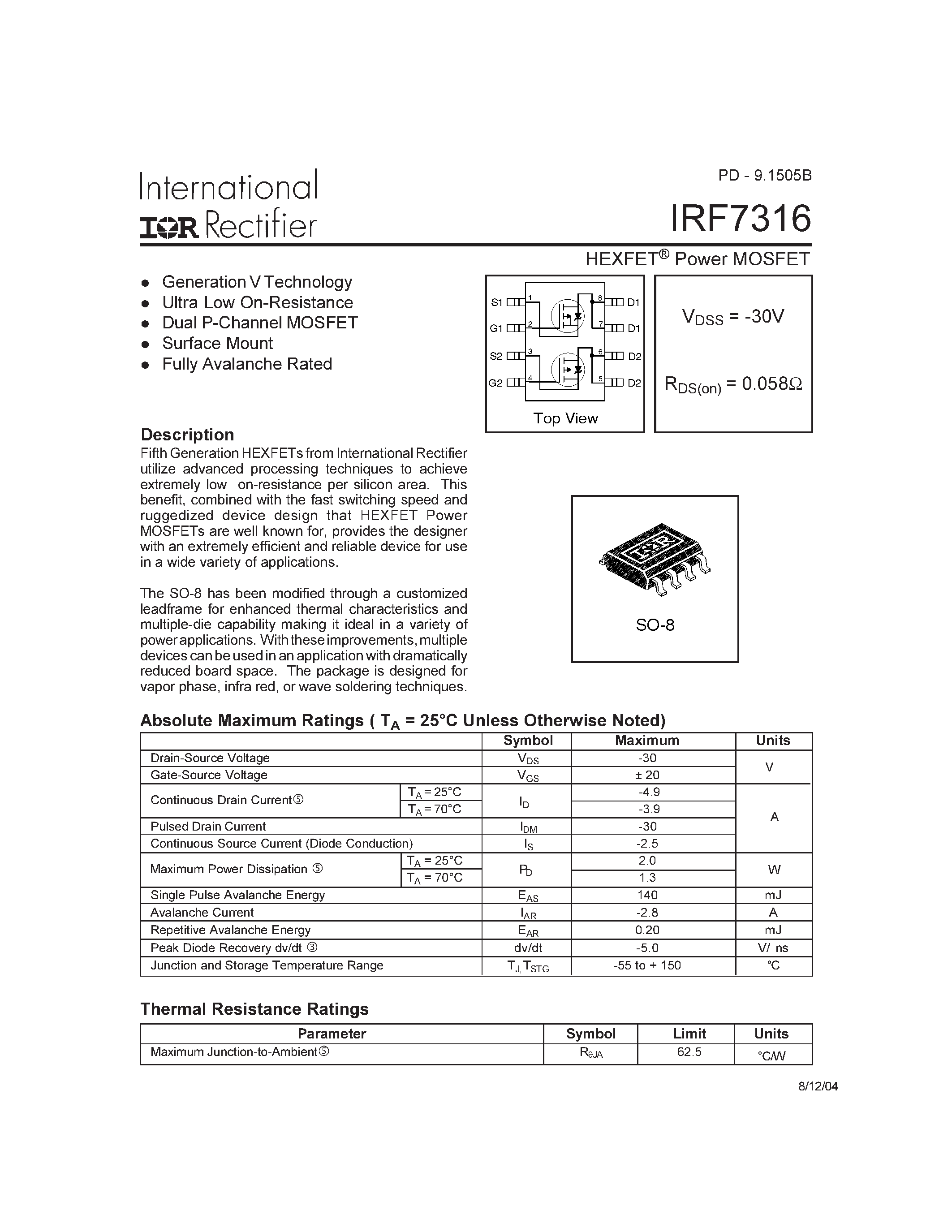Datasheet IRF7316 - HEXFET POWER MOSFET page 1