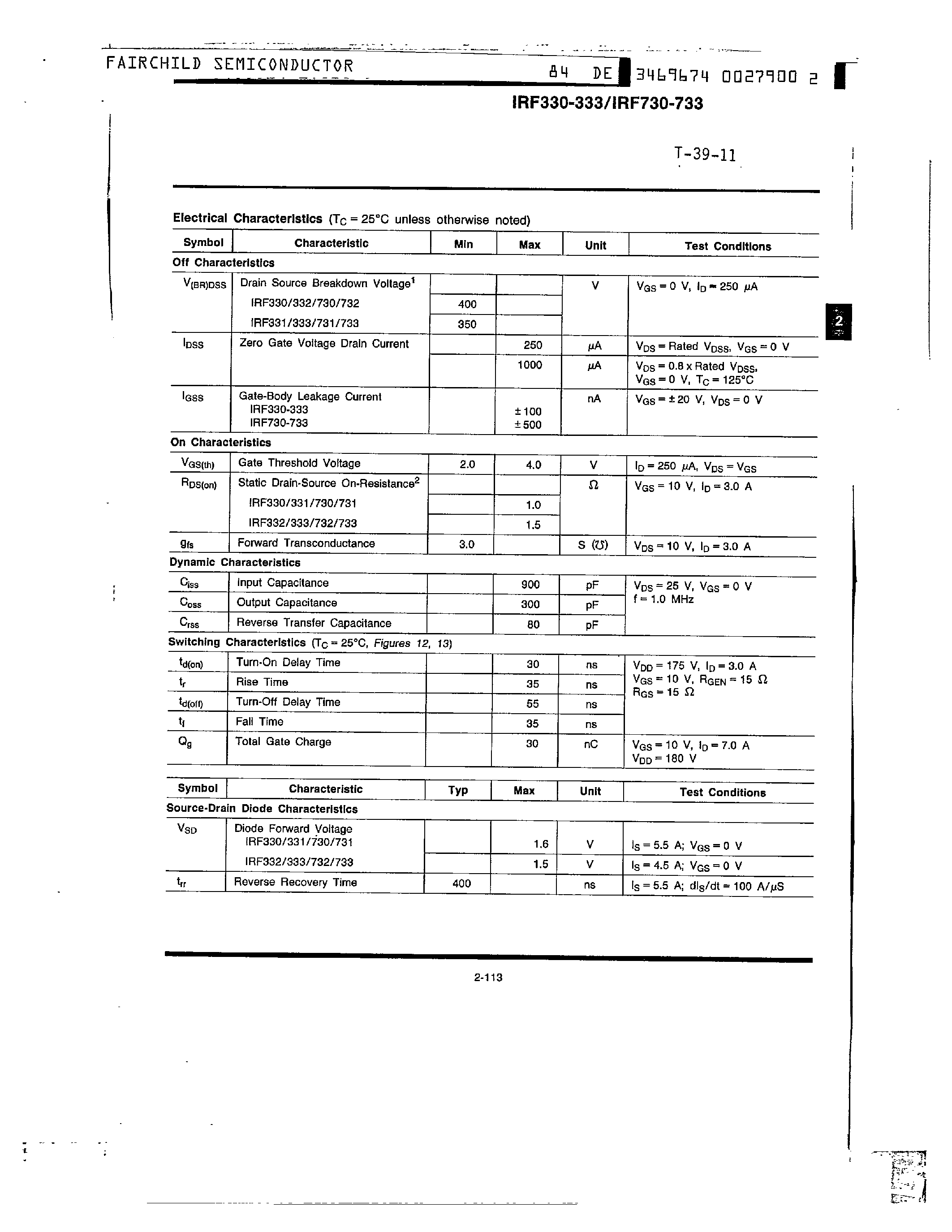 Datasheet IRF732 page 2 Datasheet IRF732 - N-Channel Power MOSFETs/ 5.5A/ 350 V/400V page 2