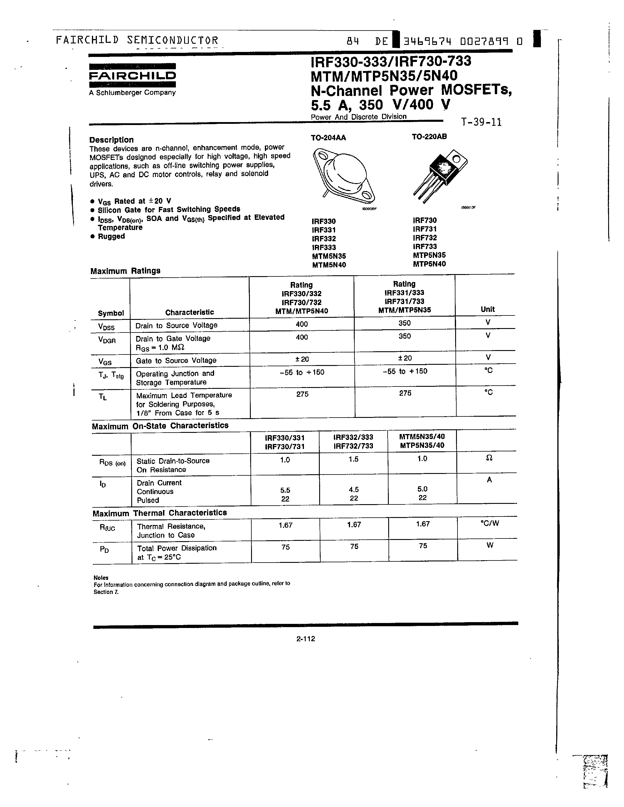 Datasheet IRF733 page 1 Datasheet IRF733 - N-Channel Power MOSFETs/ 5.5A/ 350 V/400V page 1