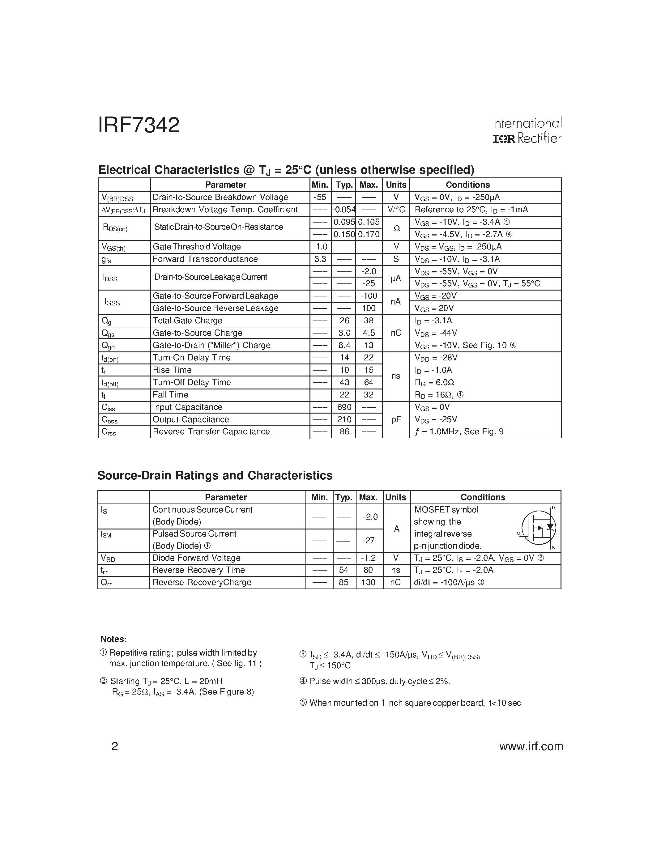 Даташит на микросхему IRF7342 страница 2 Даташит IRF7342 - Power MOSFET страница 2
