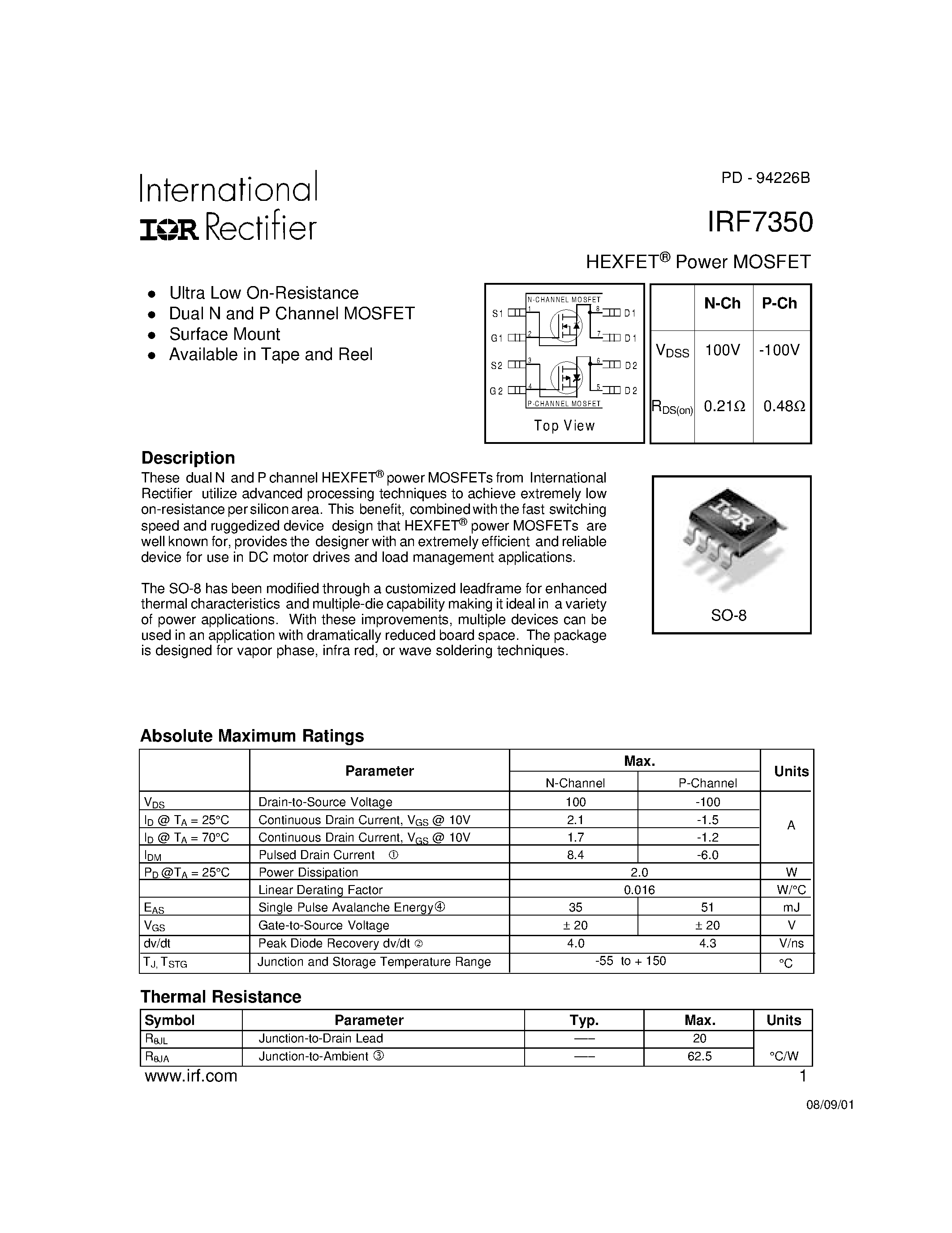 Datasheet IRF7350 - Power MOSFET(Vdss=+-100V) page 1