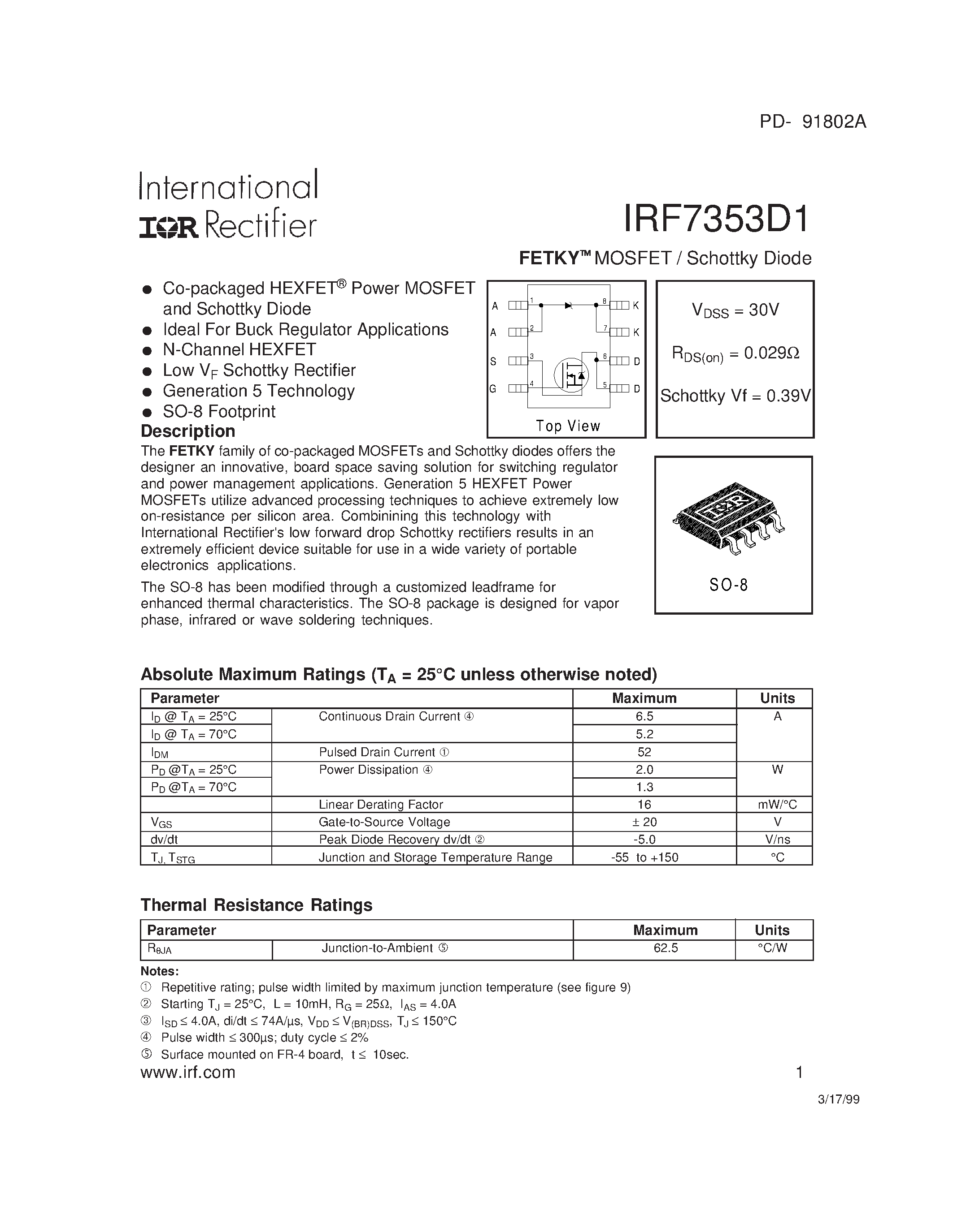 Datasheet IRF7353D1 - FETKY MOSFET / Schottky Diode page 1