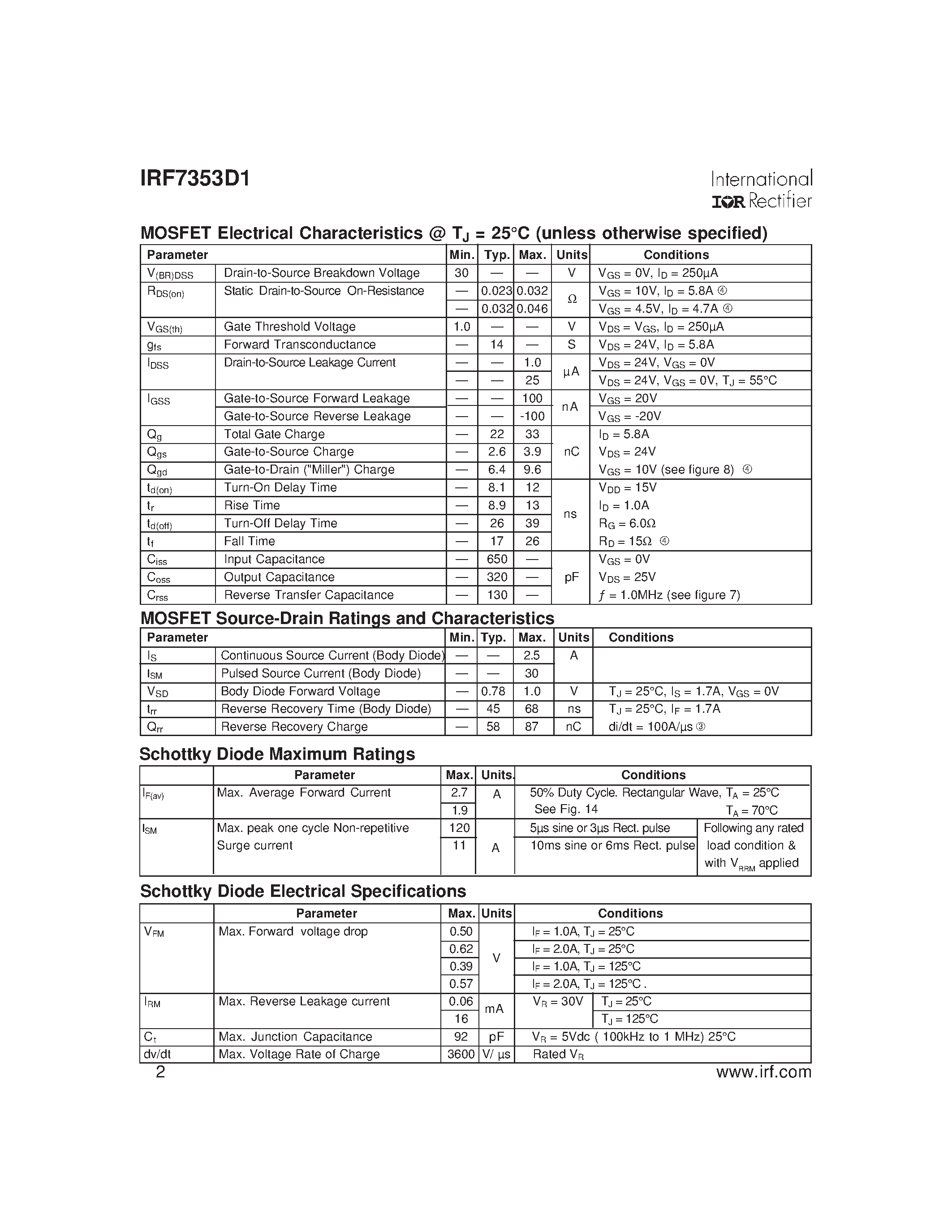Datasheet IRF7353D1 - FETKY MOSFET / Schottky Diode page 2