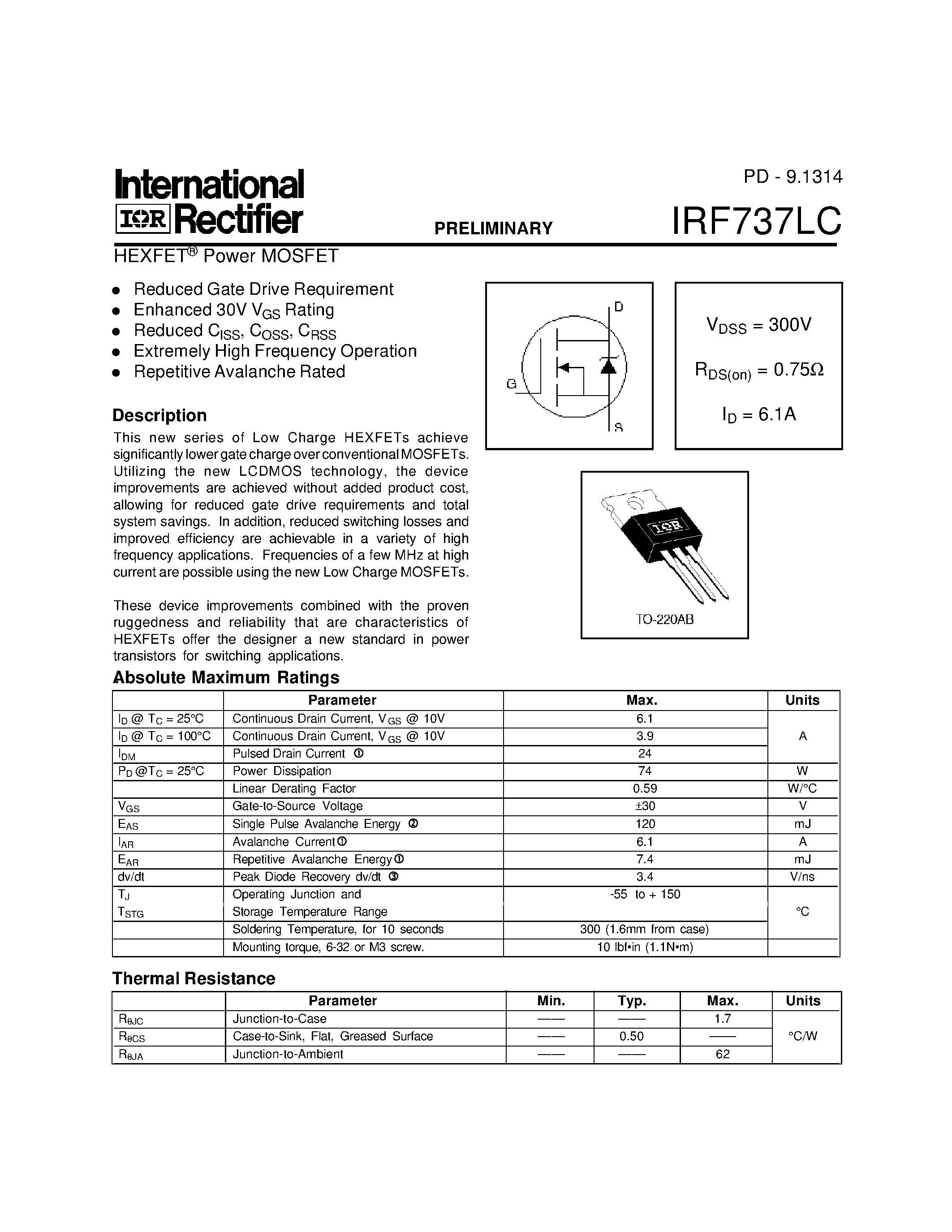 Datasheet IRF737LC - HEXFET Power MOSFET page 1
