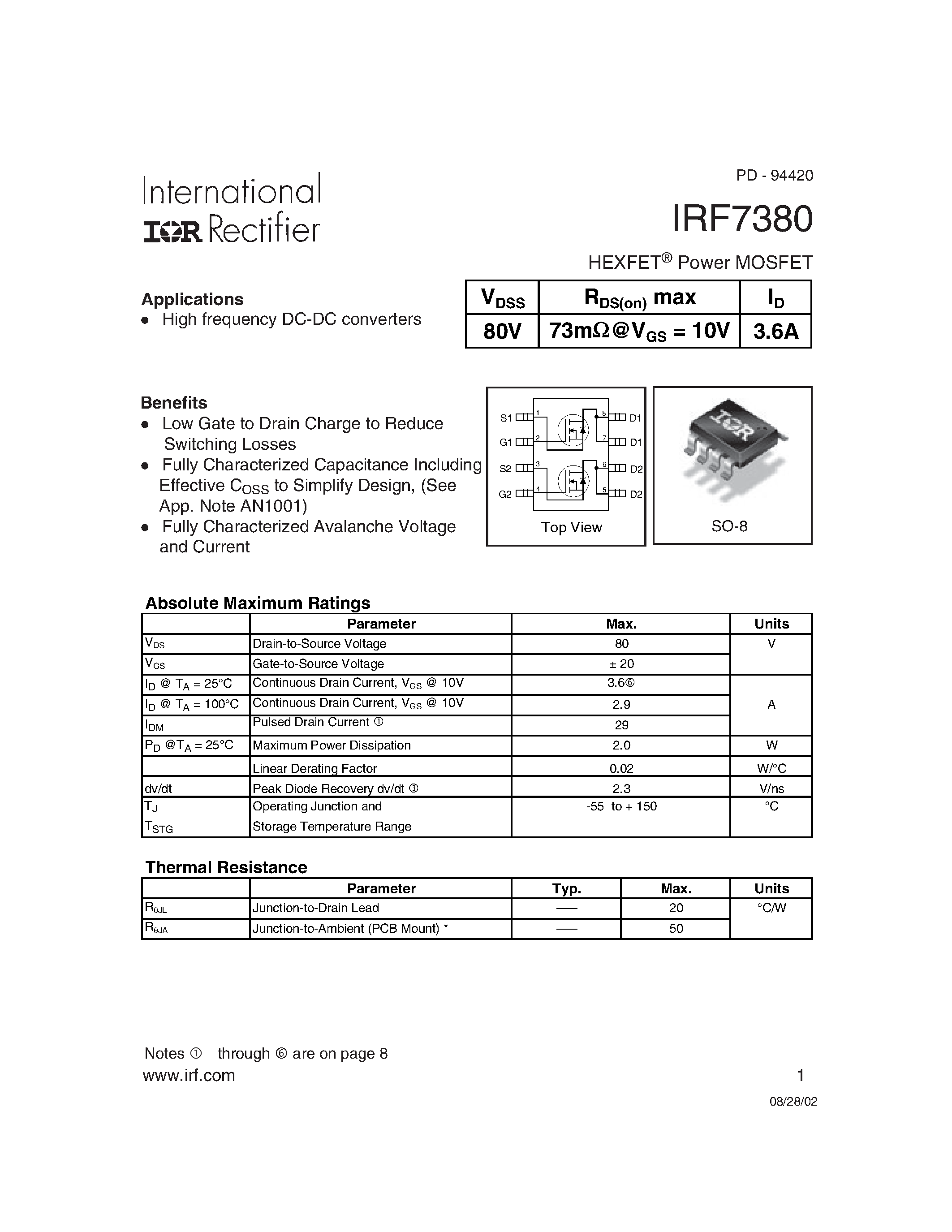 Datasheet IRF7380 - High frequency DC-DC converters page 1