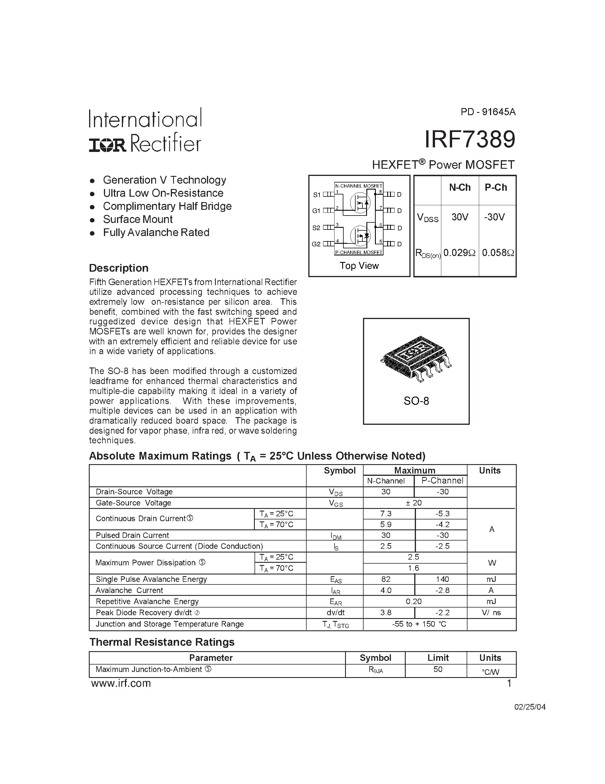 Datasheet IRF7389 - HEXFET Power MOSFET page 1