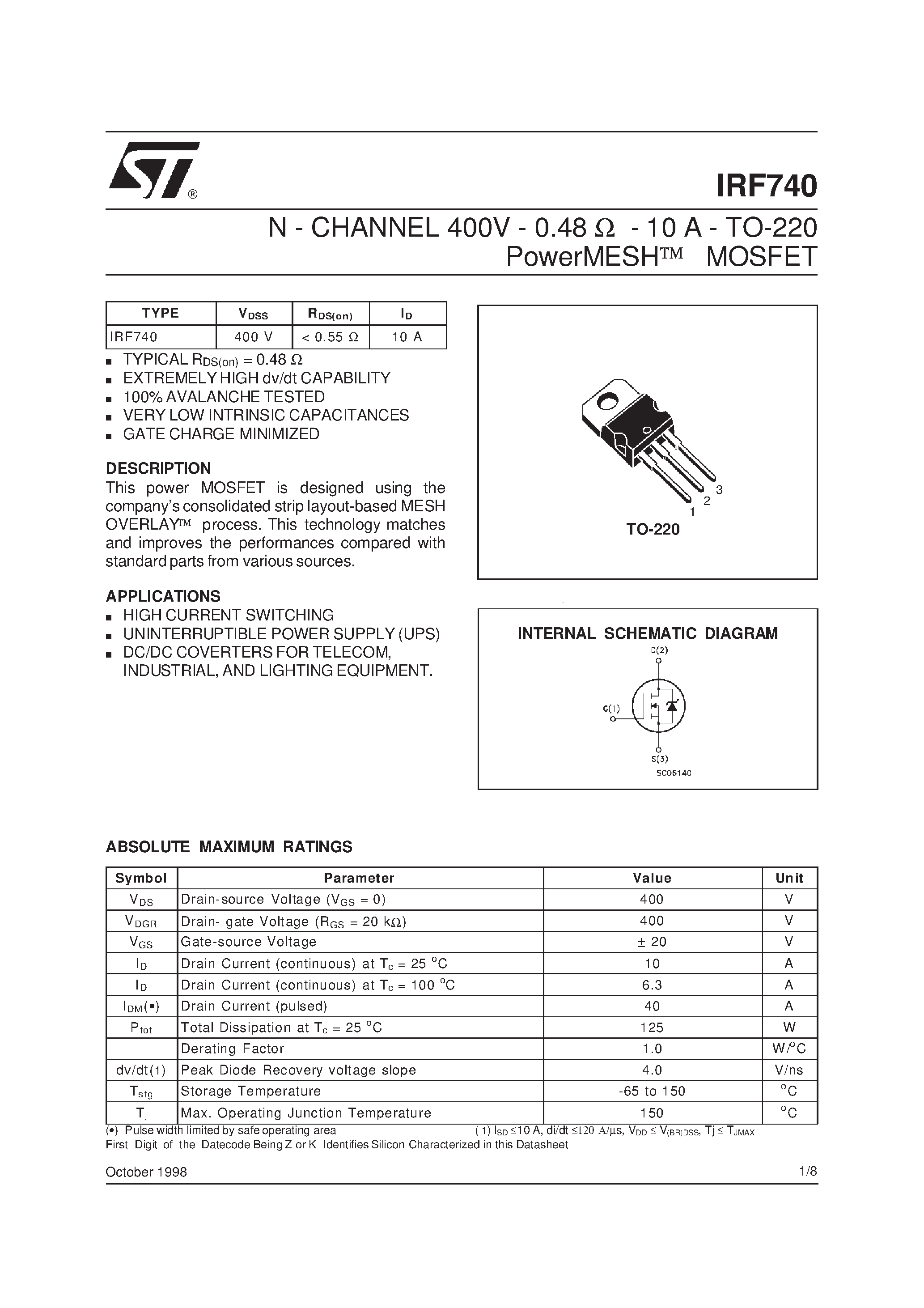 Даташит IRF740 - N - CHANNEL 400V - 0.48 ohm - 10 A - TO-220 PowerMESH] MOSFET страница 1
